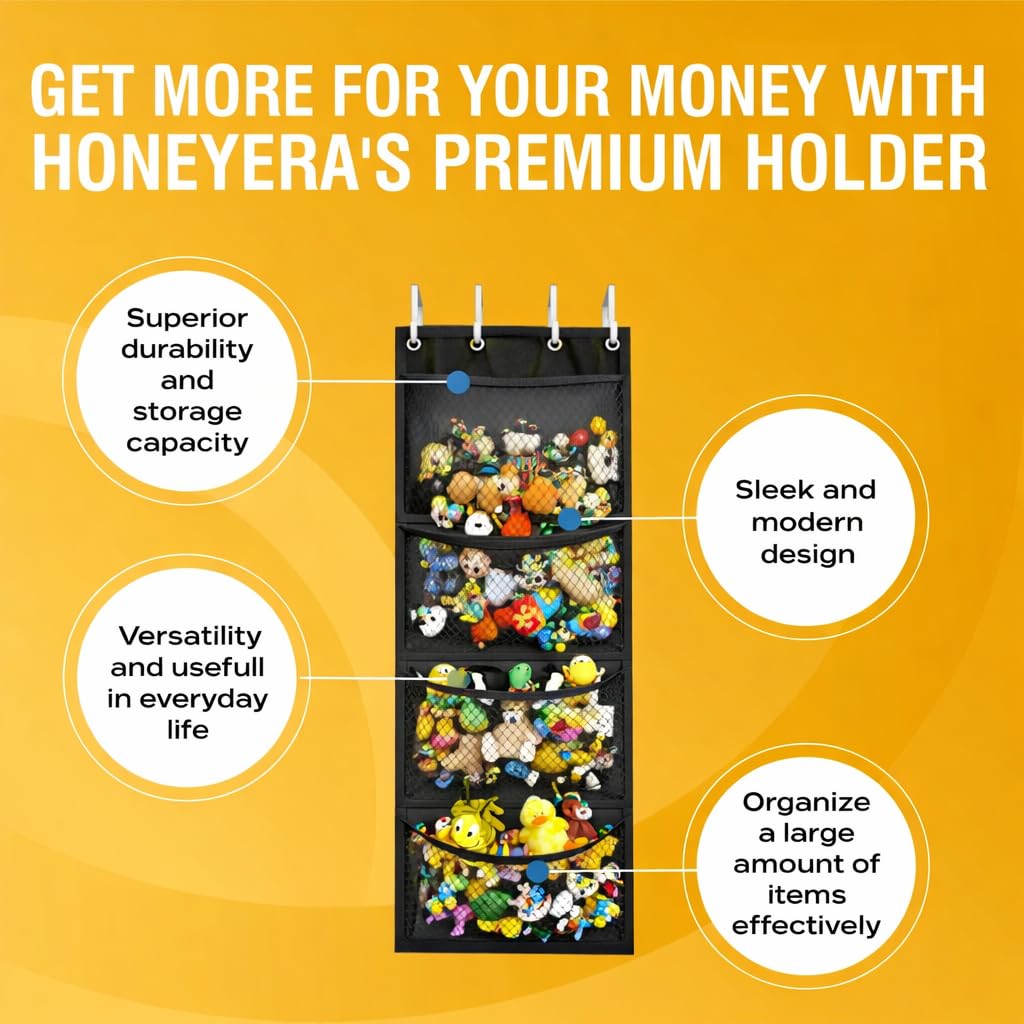 Honeyera The Original Stuffed Animal Storage (Patented) - Over Door Organizer for Stuffies, Toy Plush/Hammock Baby Hanging Storage Net Big Girls Toddler Large Bag Animals (Black)