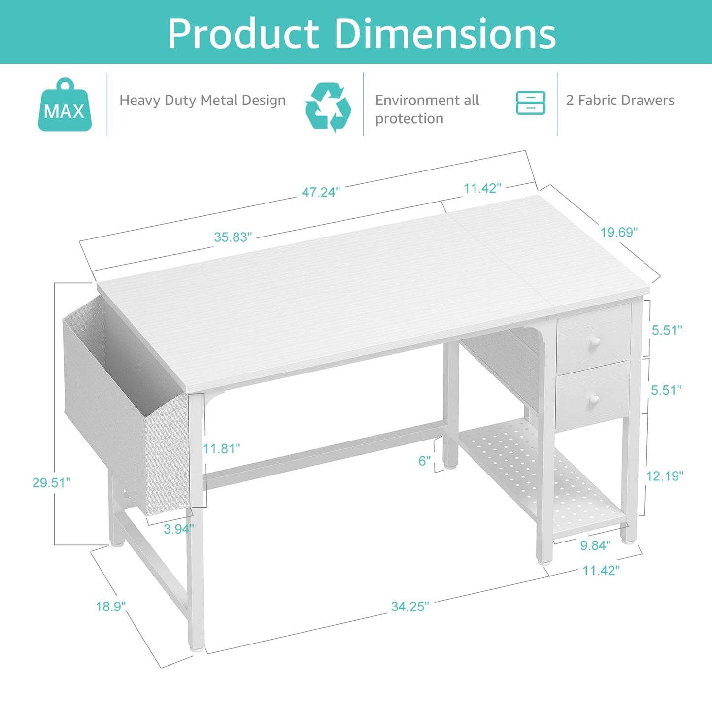Lufeiya White Computer Desk with Drawers - 47 Inch PC Desk for Small Space Bedroom Home Office, Modern Simple Study Writing Table Desks with Storage Shelf, White