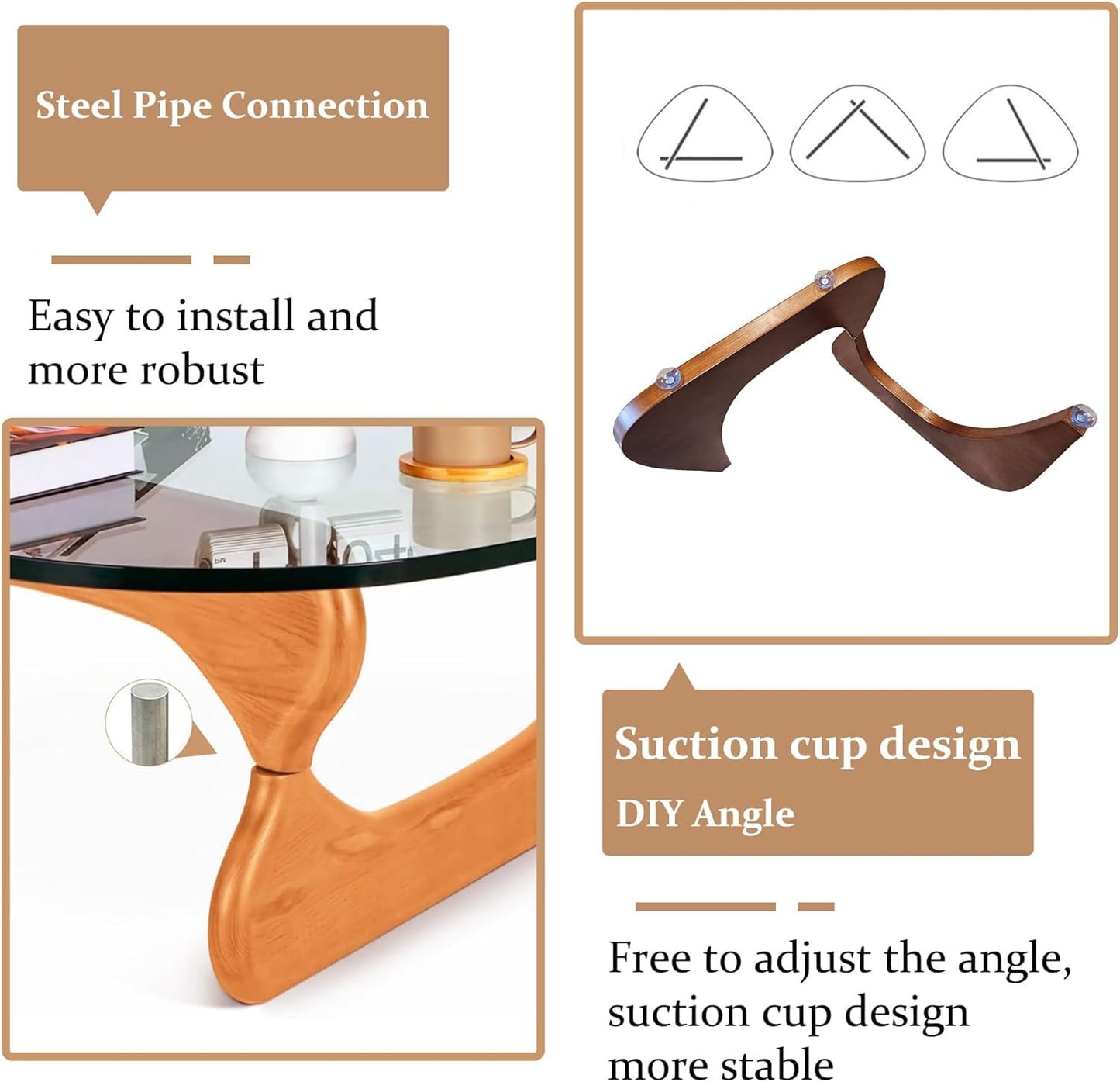 Modern Coffee Table for Living Room, 35.8" Mid Century Center Table,Brown Tempered Glass Triangle Top & Sturdy Solid Legs, Tea Table for Home Office, Easy Assembly
