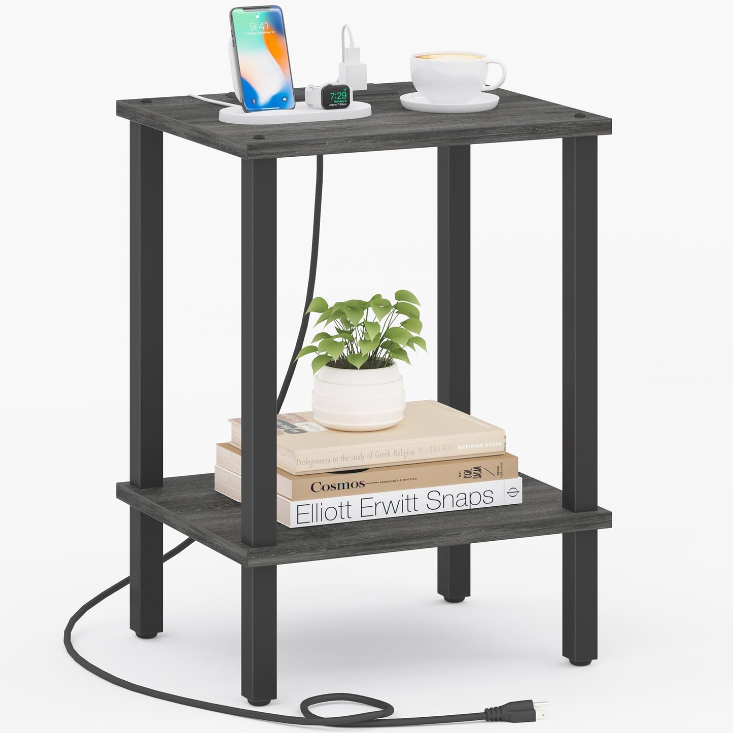 TUTOTAK End Table with Charging Station, Small Side Table with Outlets, Nightstand Bedside Table, 2-Tier Storage Shelf for Small Space, Living Room, Bedroom, Charcoal Grey TB01BY040