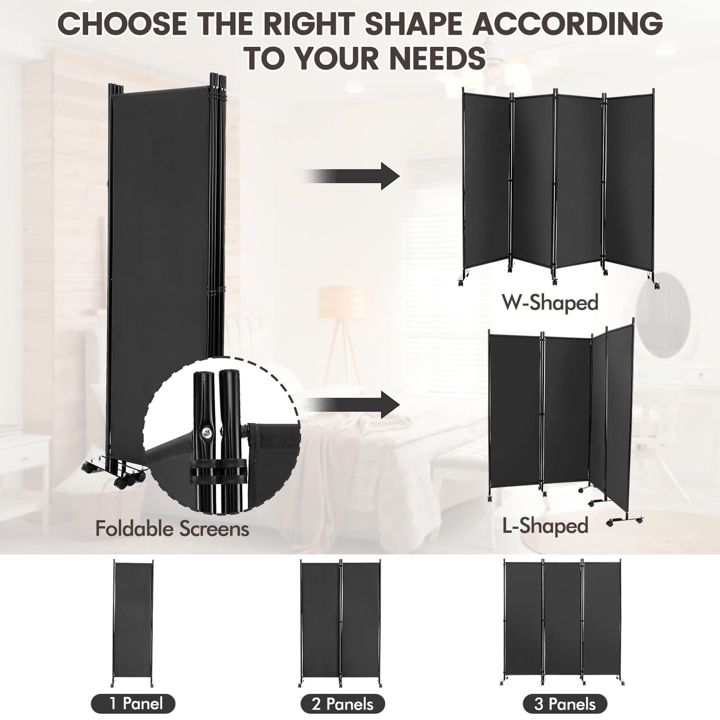 Giantex 4 Panel Room Divider, Folding Privacy Screen with Lockable Wheels, Rolling Partition Room Dividers, Freestanding Fabric Wall Divider for Home Office Studio Separation, 89''W x 68''H, Gray
