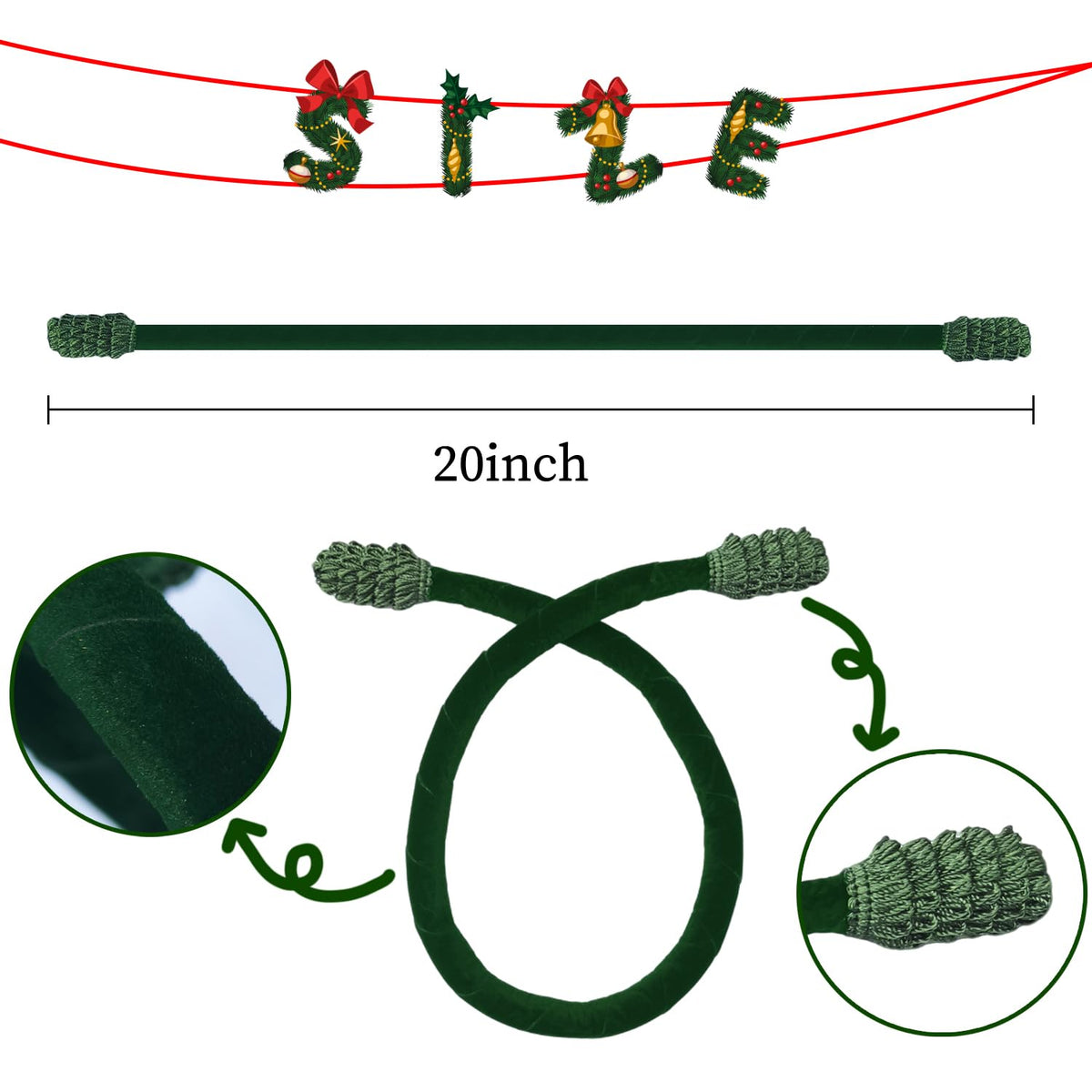 10PCS Garland Ties for Valentines Day Velvet 20 Inch Decorative Flexible Twist Ties for Xmas Holiday Light Banisters Stairways Railings Home Decoration Gift Wrapping (20 inches, Pack, 10)