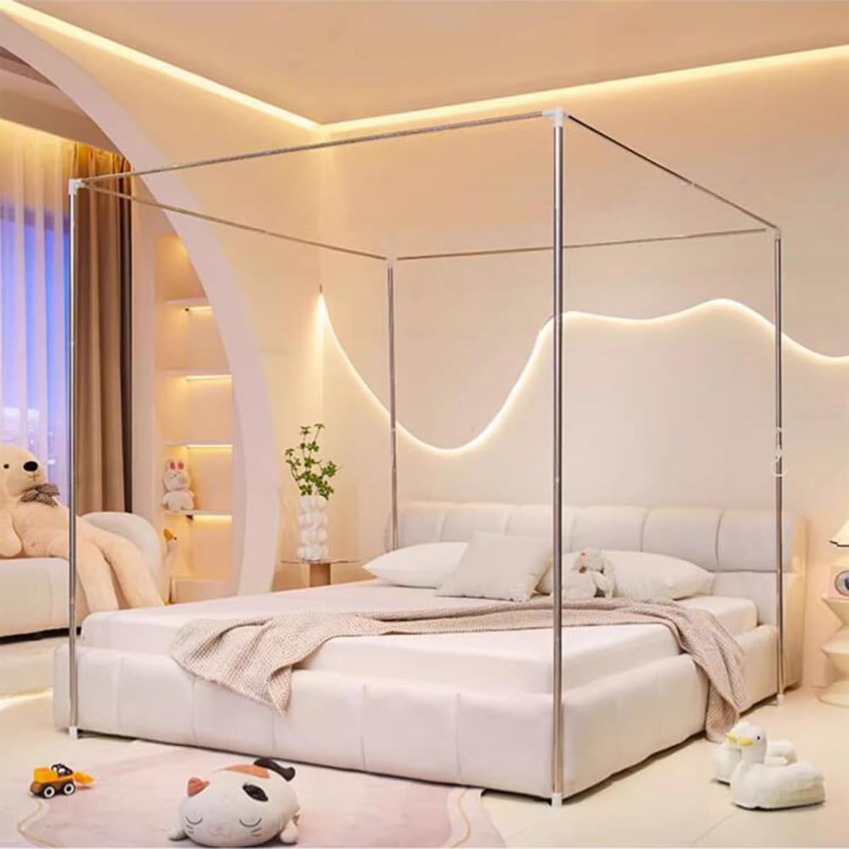 Mengersi Canopy Bed Frame Post Queen Size,Stainless Steel Canopy Frame Poles Four Corner Bed Bracket Fit for Metal/Wood Bed Bedroom Decor