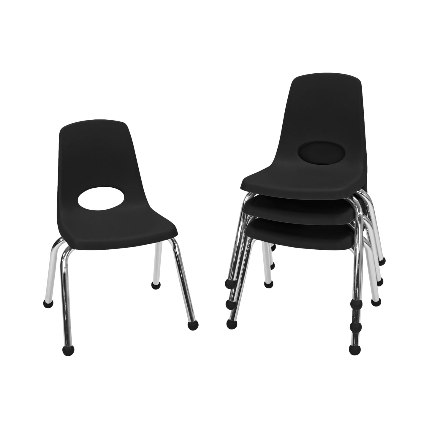 FDP 14" School Stack Chair, Stacking Student Seat with Chromed Steel Legs and Ball Glides for in-Home Learning or Classroom - Black (4-Pack), 10380-BK