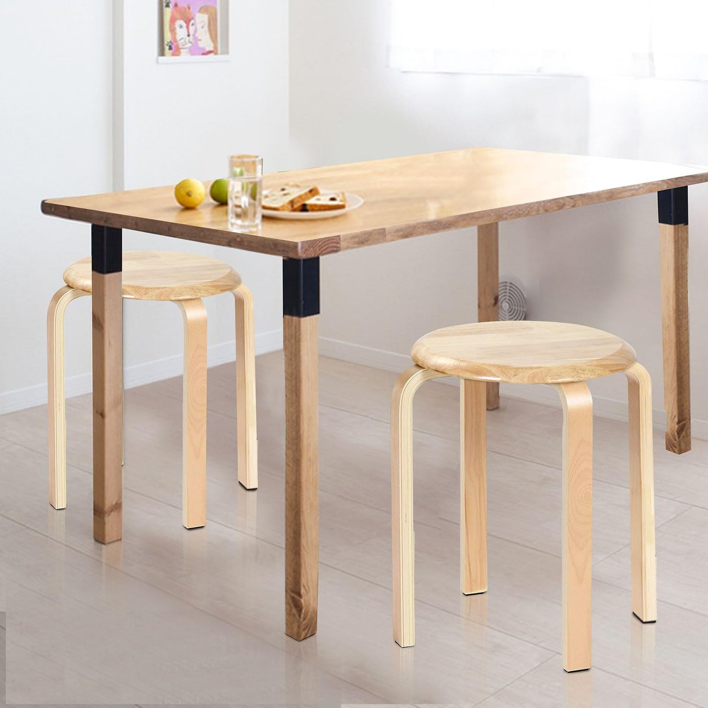 Yawinhe Wooden Stackable Stool, Portable Barstools with Round Top, Anti Slip Felt Pad, for Dinning, Living Room, Class Room, 11.8''Lx11.8''Wx16.5''H, Natural, 2-Pack