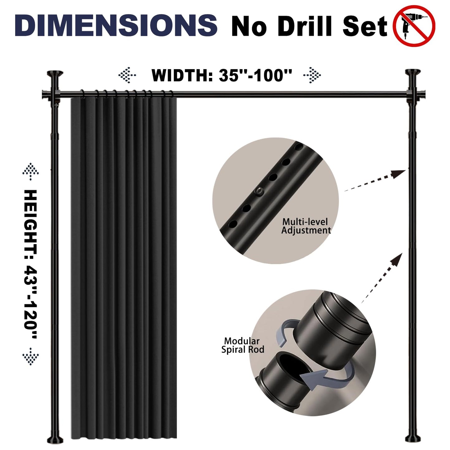 GONNRLY Room Divider Curtains, No Drill Privacy Curtain Set with Retractable Rod, Tool-Free Blackout Room Divider for Bedroom Black-100 W x 84" L(Pack of 1)