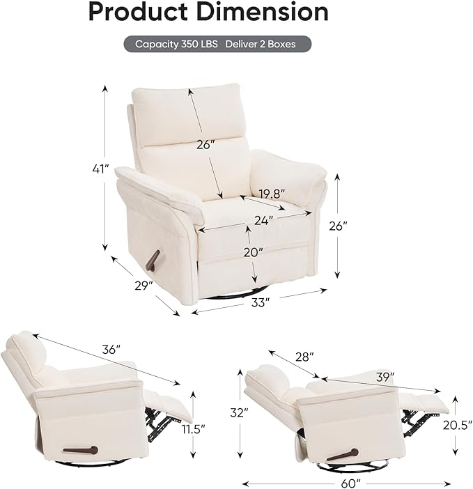 Rocking Chair Nursery with Adjustable Headrest, Manual Swivel Rocker Recliner