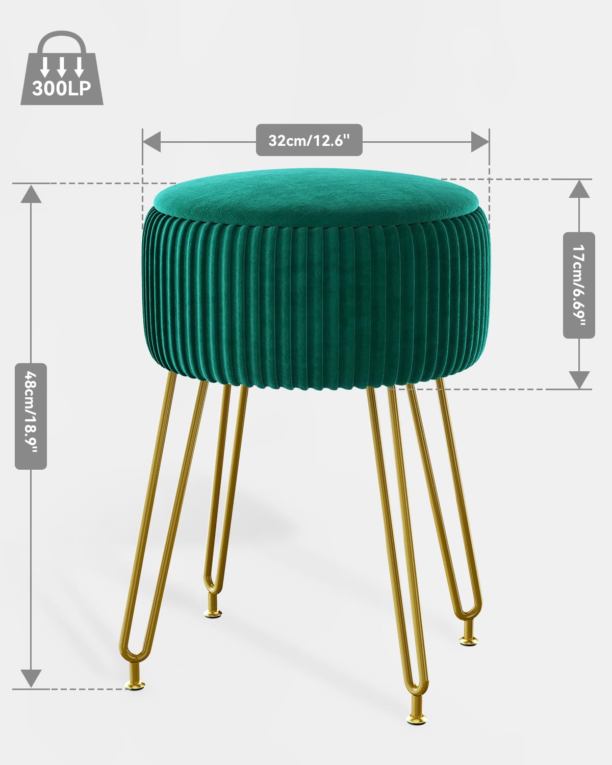 IBUYKE Velvet Storage Footrest Stool Ottoman, Makeup Vanity Stool Side Table with Golden Steel Legs Removable Cover, Coffee Table Top Cover, Green LG-20L