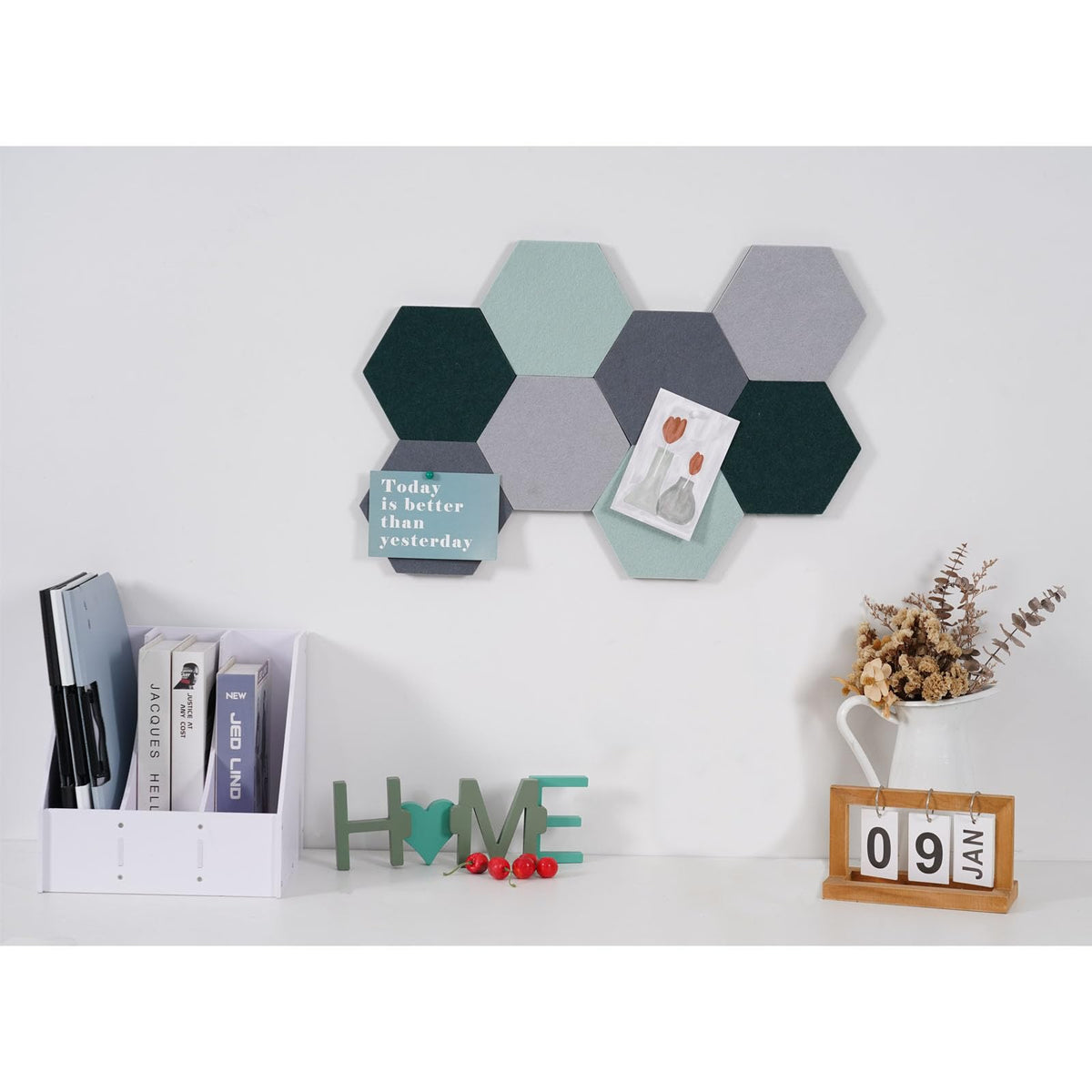 Afumazi 8Pcs Hexagon Felt Cork Board Tiles Self Adhesive Bulletin Board, Pin Board for Wall Decor Memos Photos Display (Set G)