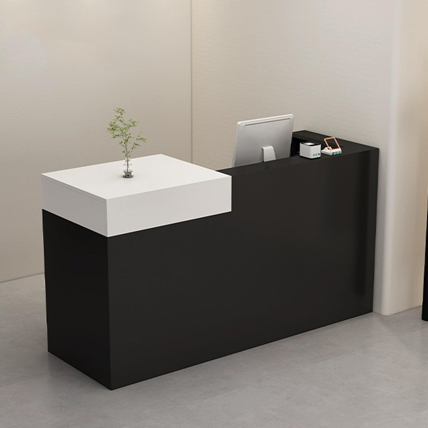 Modern Reception Desk with Lockable Drawer, Stylish Wood Front Counter for Retail Checkout Station, Ideal for Convenience Store & Clothing Shop (Black & White, 100cm/39.3in)