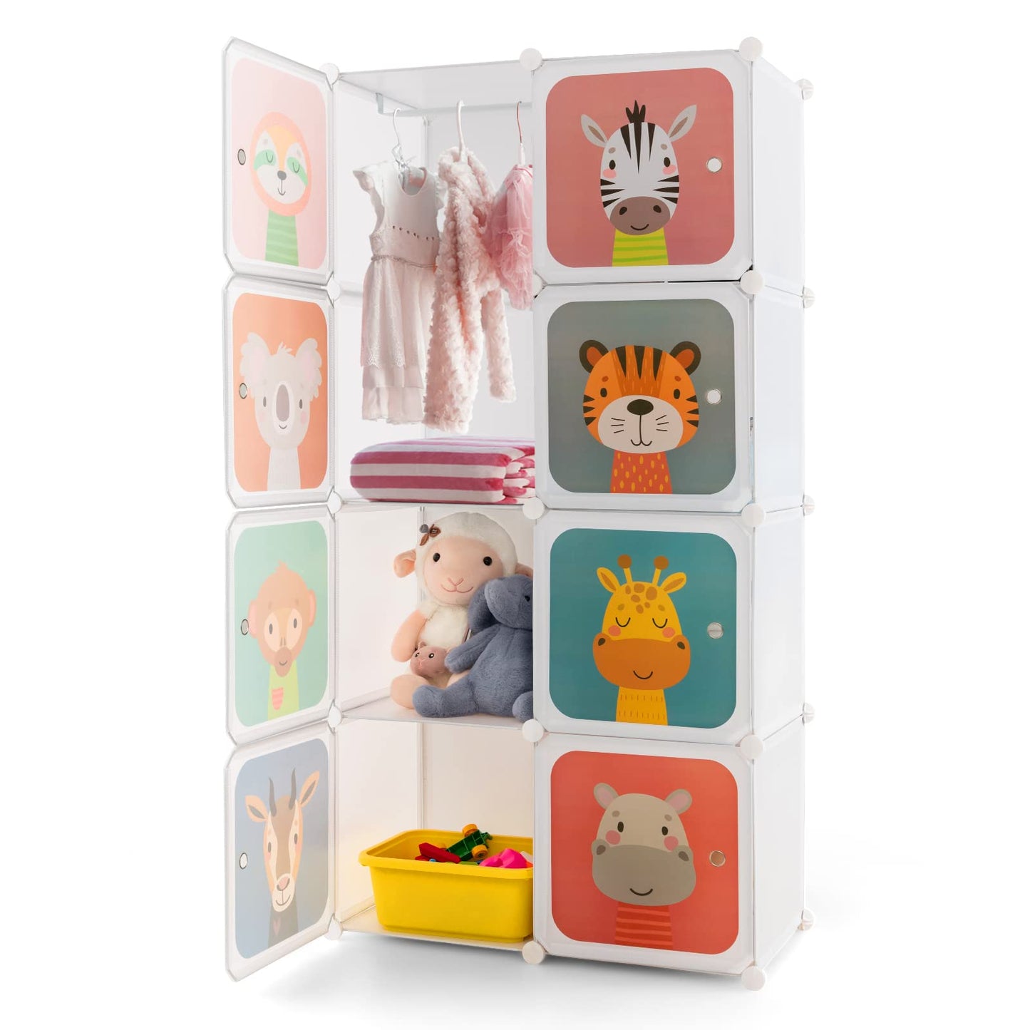 Costzon Kids Closet, Cartoon DIY Modular Dresser Storage Organizer with 8 Cubes & Clothes Hanging Rack, Portable Armoire for Baby Toddlers, Kids Wardrobe for Bedroom Nursery, White