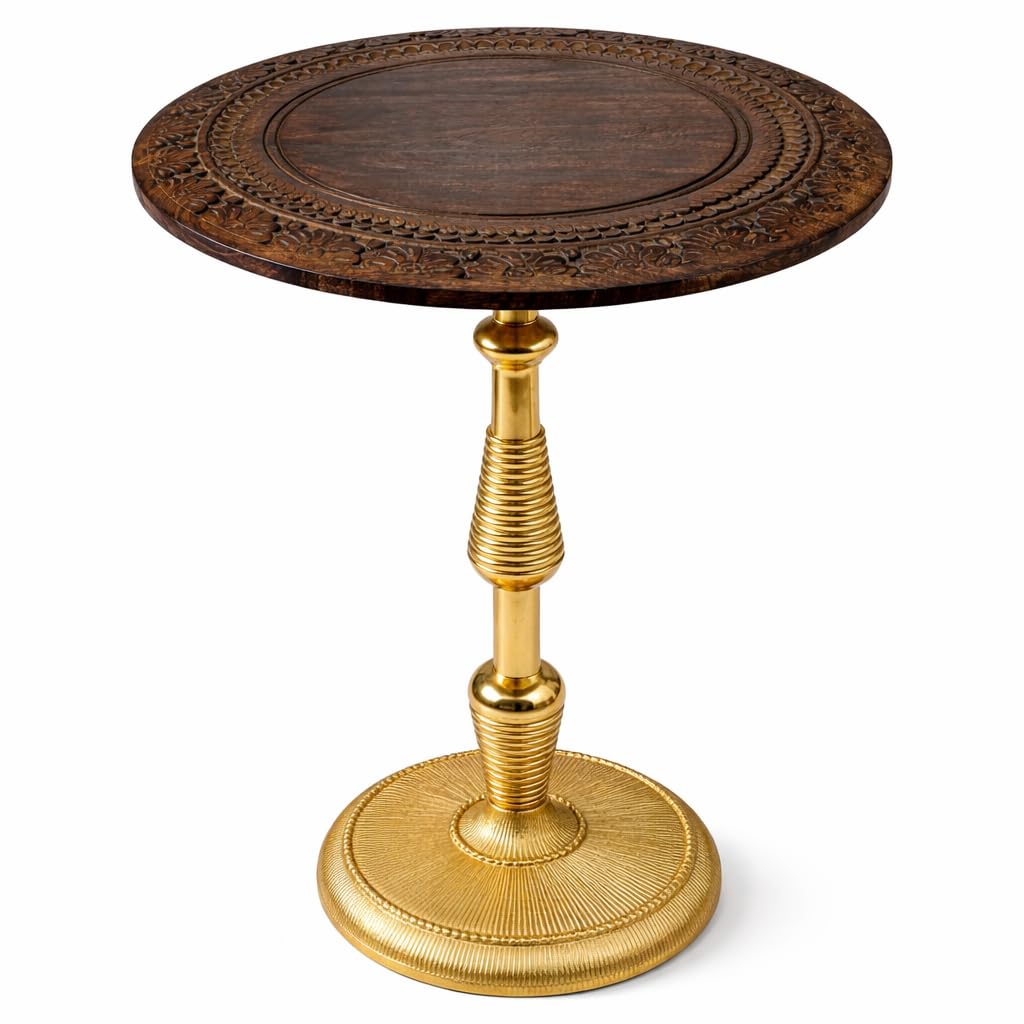 Alpha Living Home Rustic Wooden Top Side Table - Round Side Table, Modern Accent Nightstand with Aluminum Leg for Living Room, Bedroom, Corners, and Office 18x21 (Brown Gold)