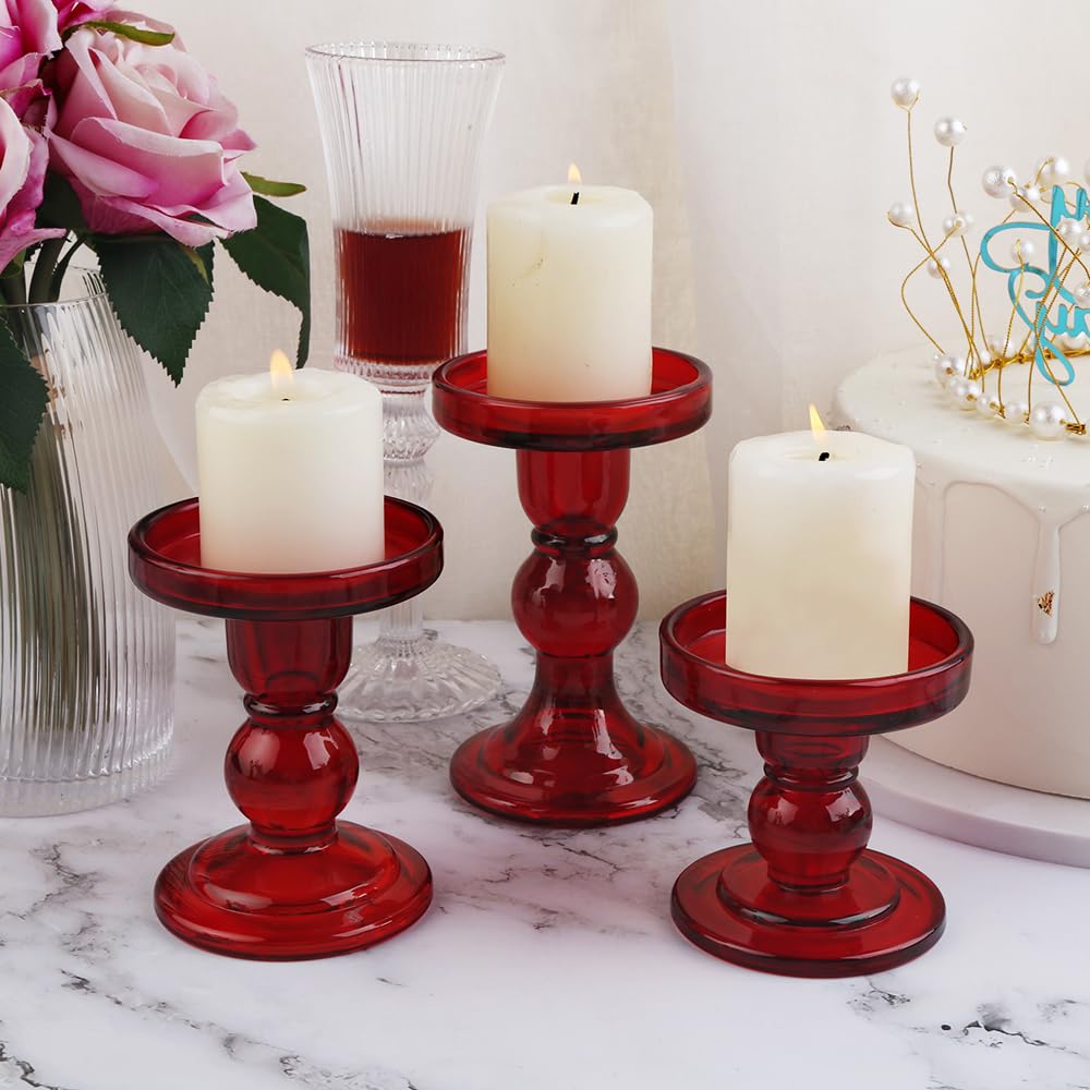 BTGLLAS 6-Piece Set of Red Glass Candlestick, Crystal Candlestick Holder Holder and Conical Candle, Christmas Candle Holder Decoration, Family Living Room Wedding Candle Holder (red2sets)