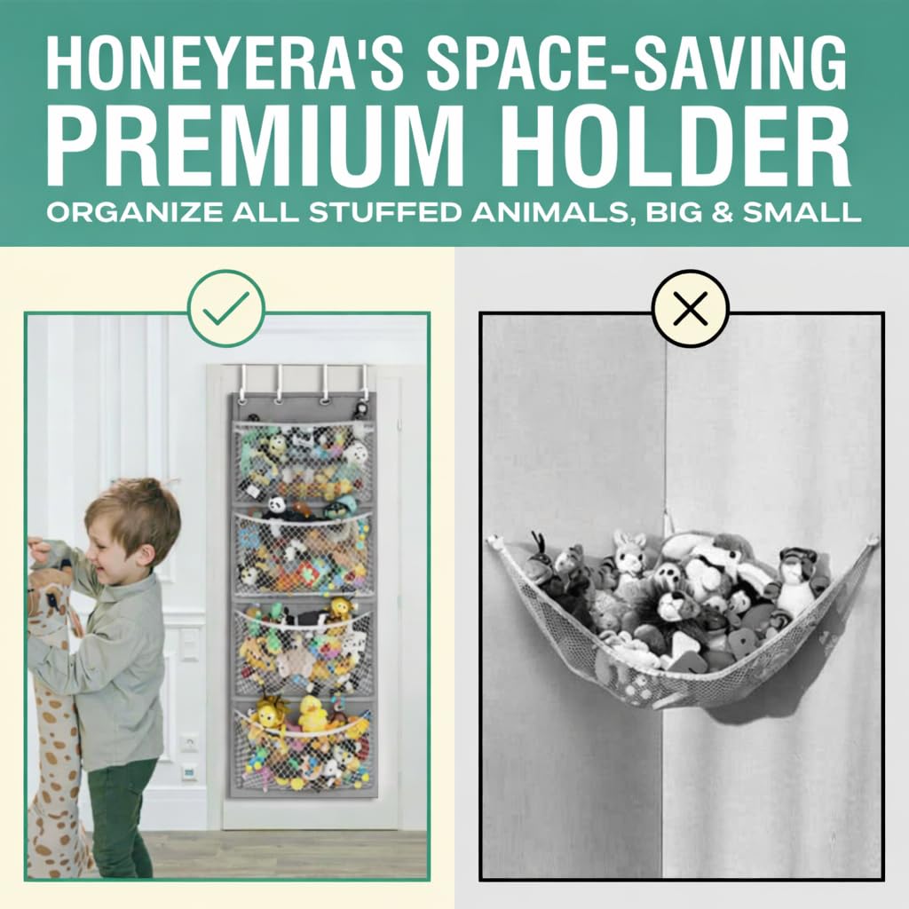 Honeyera Storage for Stuffed Animal - Over Door Organizer for Stuffies, Baby Accessories, and Toy Plush/Easy Installation with Breathable Hanging Pockets (Gray)