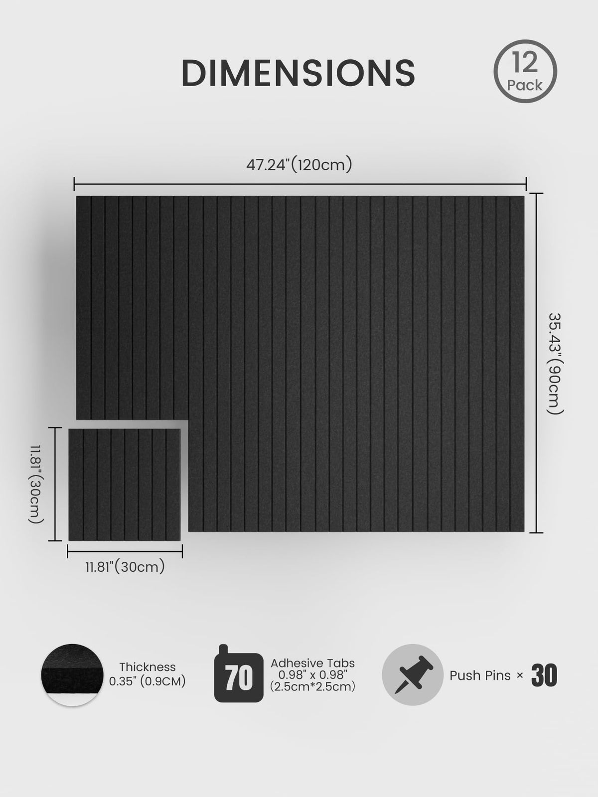 Bumusty Large Cork Board Alternative-48 x 36" Felt Bulletin Board Tiles, with 30 Pushpins, 70 Adhesive Tabs, Fine-Stripe 12-Pack, Cork Boards for Office Push Pin Board Felt Board-Black