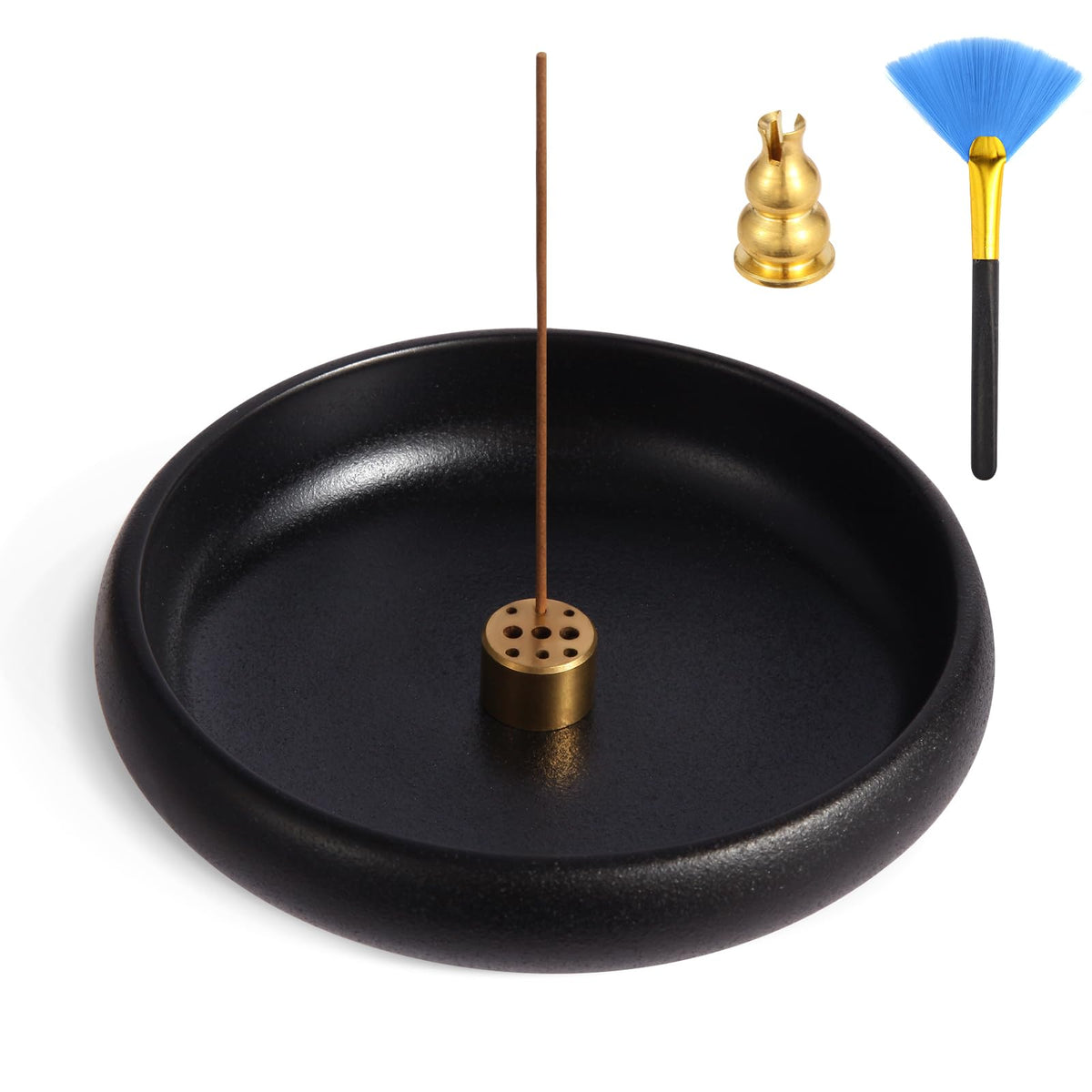Mofunci Incense Holder for Sticks, Sage, Coil Incense, Incense Stick Holder 5.71" for Yoga Meditation Energy Cleansing, Ceramic Incense Burner Holder with 9 Holes, Ash Catcher, Smudge Bowl (Black)