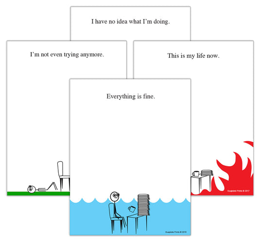 Guajolote Prints Funny Notepads (4-Pack) — Office & Work From Home Gag Gift for Coworkers or Friends — Sarcastic Desk Memo Pads — Everything Is Fine, This Is My Life Now, I Have No Idea What I’m Doing, I’m Not Even Trying Anymore