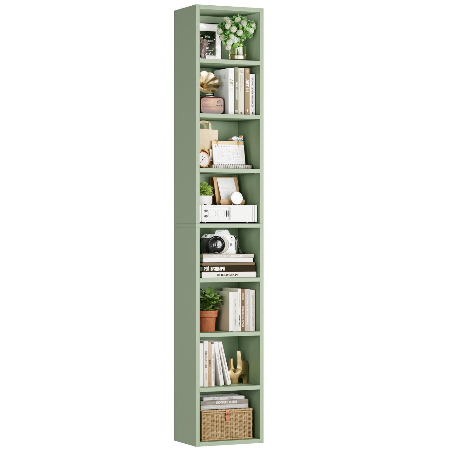 FOTOSOK 8-Tier Media Tower Rack, 11.6 X 9.3 X 70.9 Inches CD DVD Slim Storage Cabinet with Adjustable Shelves, Tall Narrow Bookcase Display Bookshelf for Home Office, Green