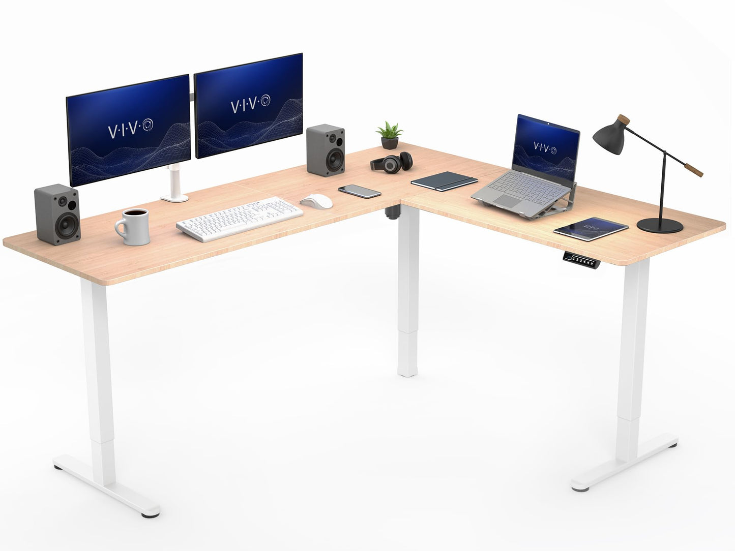 VIVO Corner Standing Desk, 75 x 63 inch Reversible L-Shaped Workstation, Electric Height Adjustment, Home, Office, and Reception Rooms, Real Bamboo Table Top White Frame, DESK-E3CTWO-75