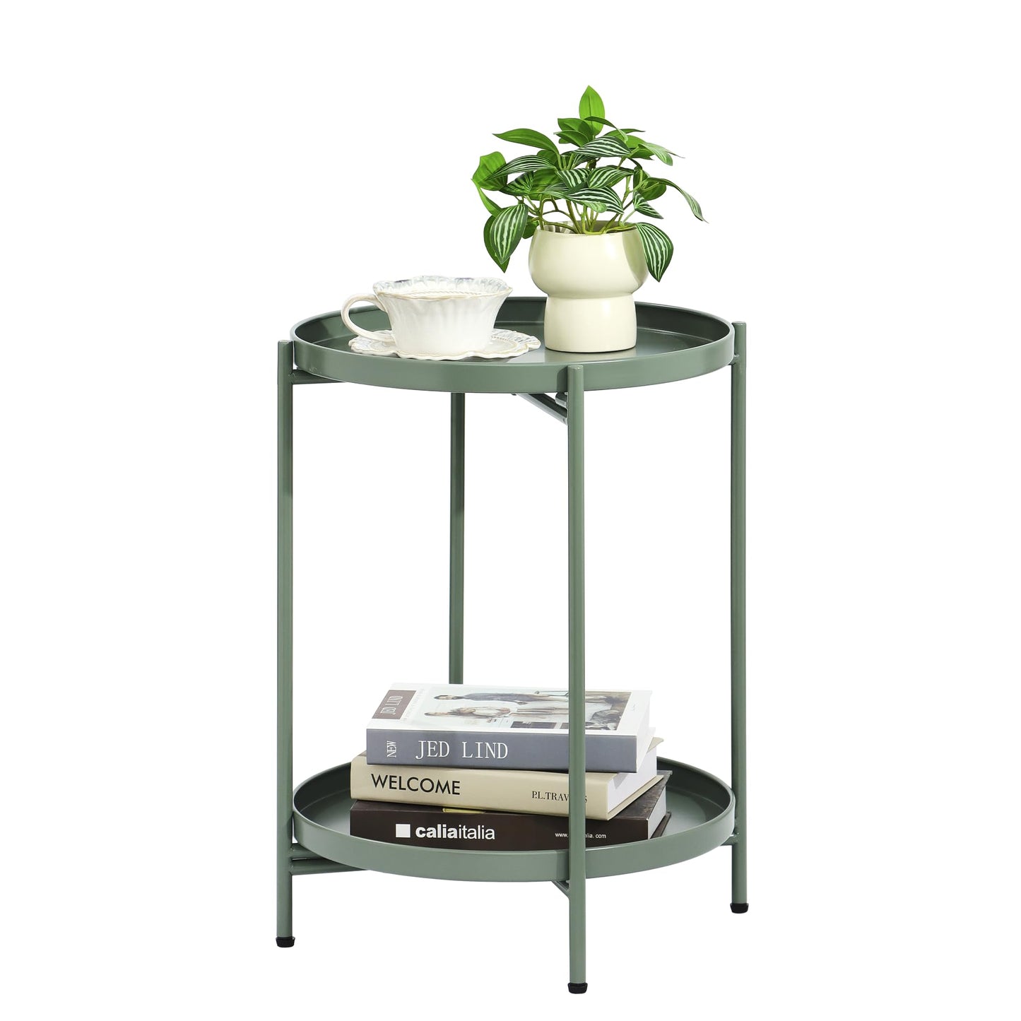 Mordchil HF 2-Tier Round End Side Table, Small Metal Side Table with Removable Tray, Folding Accent Tables for Living Room, Balcony, Nightstand for Bedroom, Outdoor Tables for Patio, Sage Green