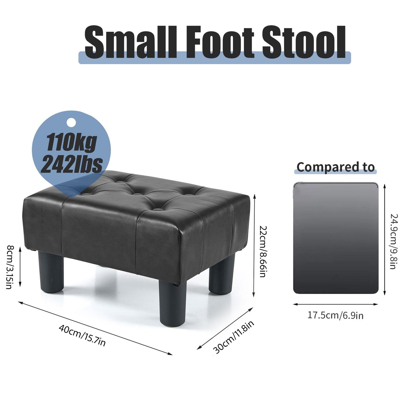 BRIAN & DANY Small Foot Stool, Leather Foot Stools with Legs, Stable Small Footstool for Living Room, Black
