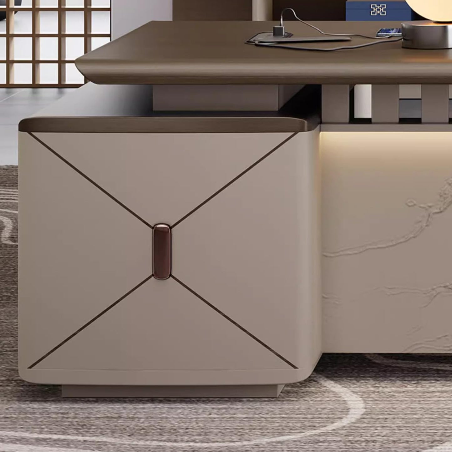 LSIGHTUS Wood L-Shaped Executive Office Desk, Computer Desk Modern Computer Desk with Lateral Cabinet Business Furniture Set for CEO Boss