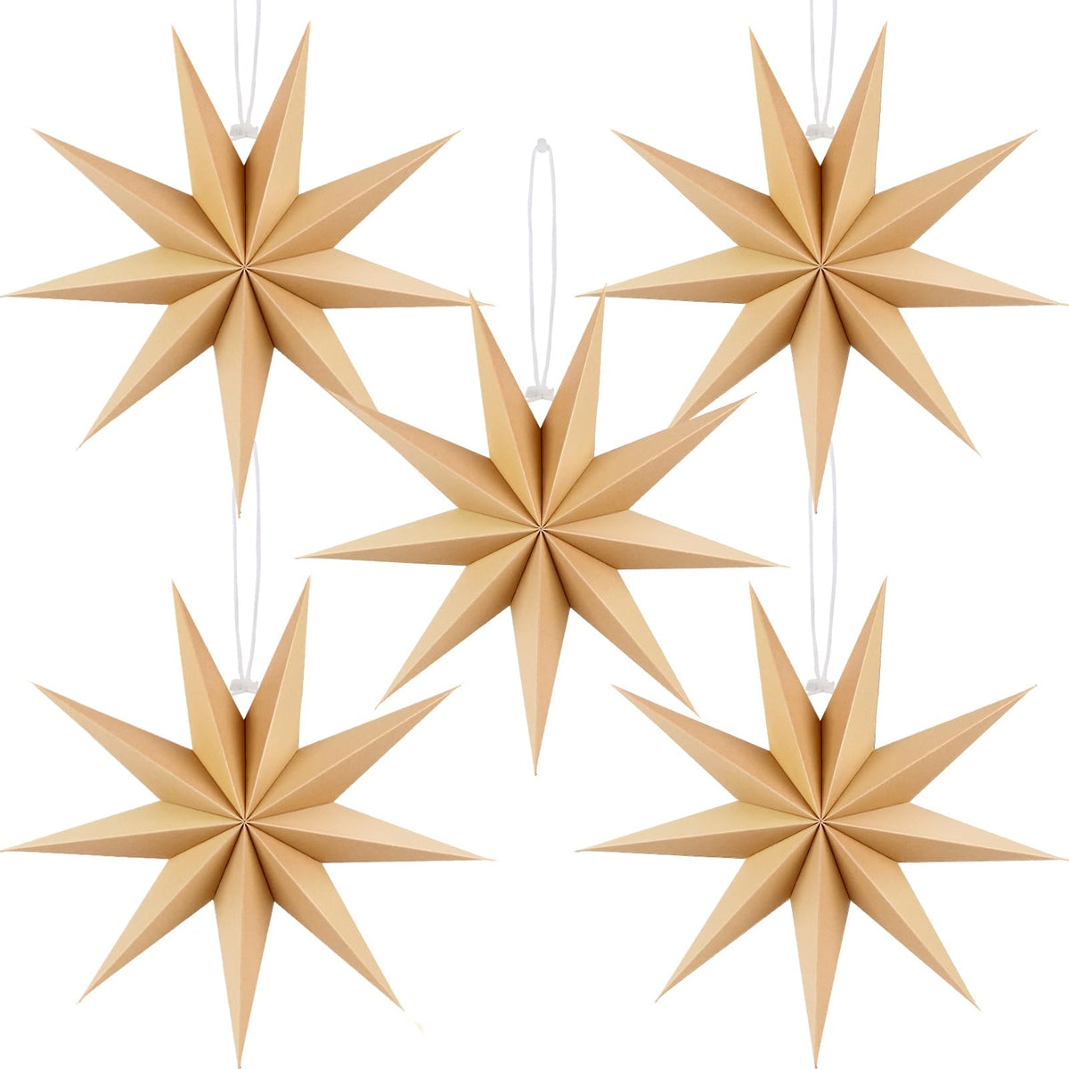 BestoFun 12 Inches 5 PCS Natural Paper Star Lanterns Christmas Hanging Lamp Rustic Paper Decorations Shade Wedding Birthday Christmas Home Party Decorations (9 Pointed)