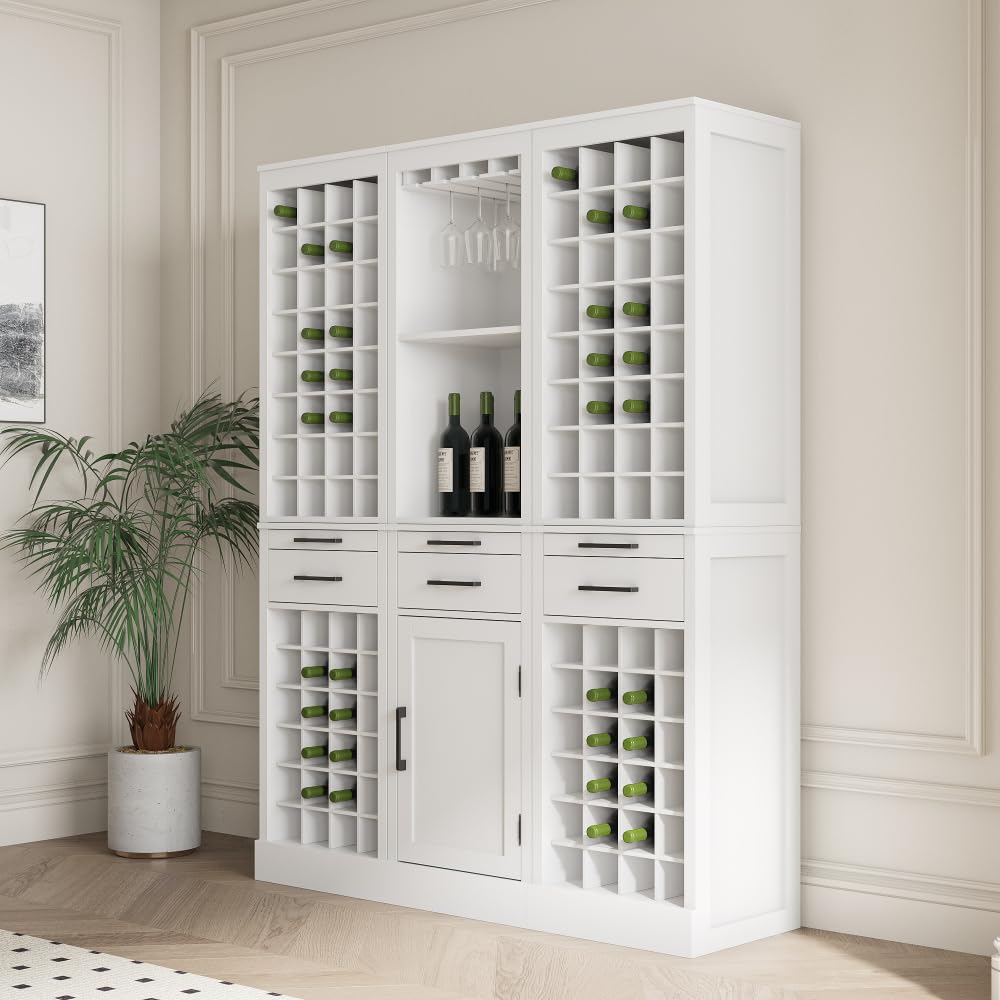 Brown Walnut Color Modular Wine bar Cabinet with Storage Shelves with Hutch for Dining Room (White + MDF)