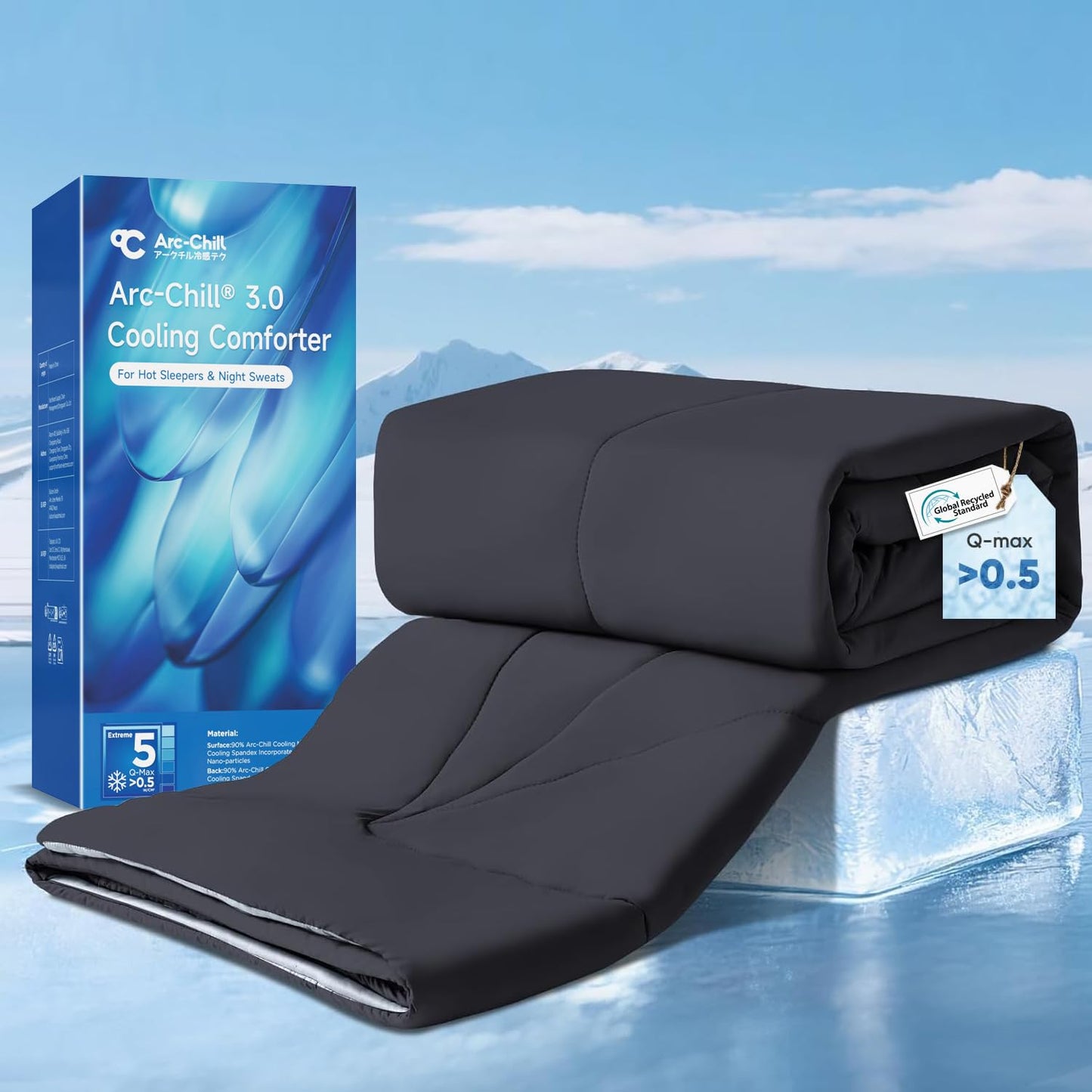 Elegear Revolutionary Cooling Comforter Queen Size, Arc-Chill 3.0 Cool Tech Double-Sided Cooling Blanket for Hot Sleepers & Night Sweats Q-max>0.5, Lightweight & Breathable Summer Comforter Black/Gray
