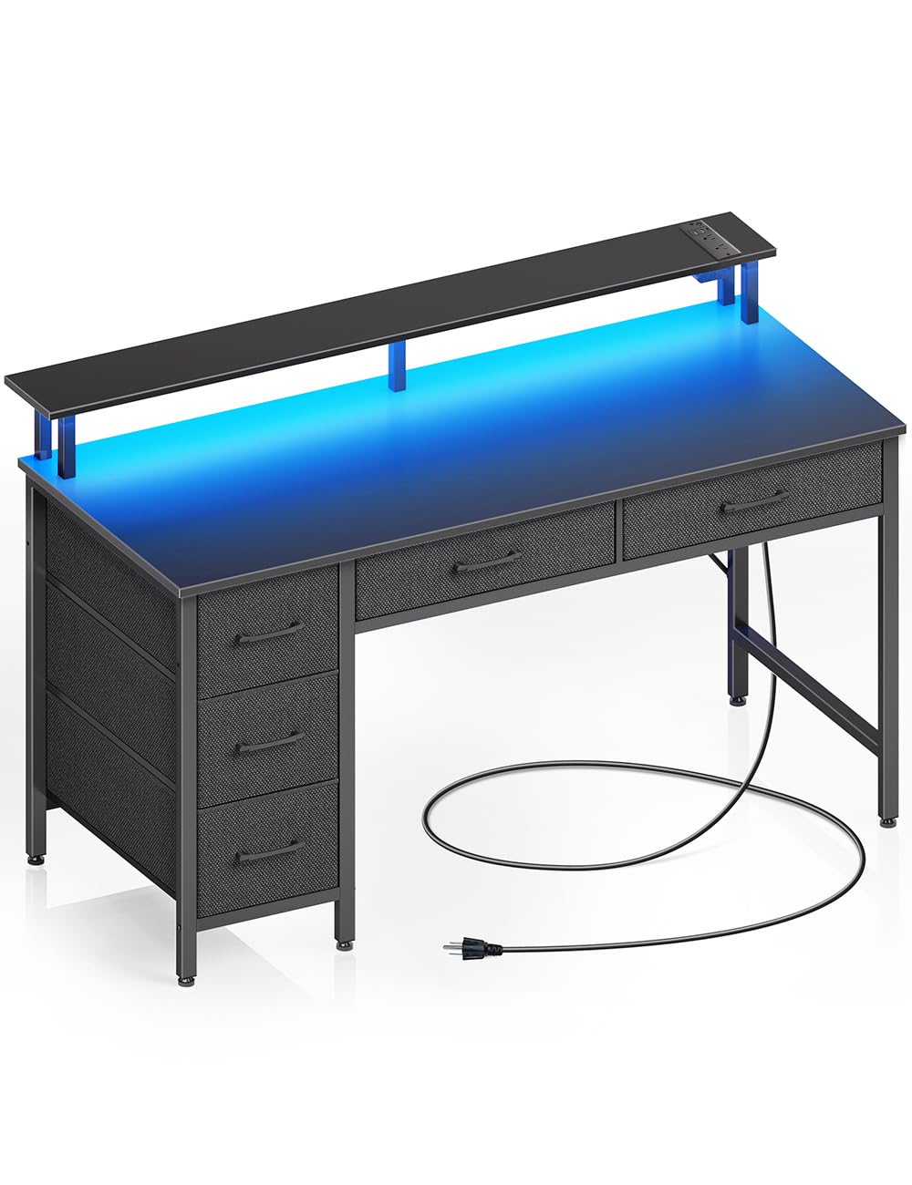 Seventable Computer Desk with Power Outlets & LED Lights, 47 inch Office Desk with Keyboard Tray & 5 Drawers, PC Desk/Work Desk/Computer Table for Home Office, Black