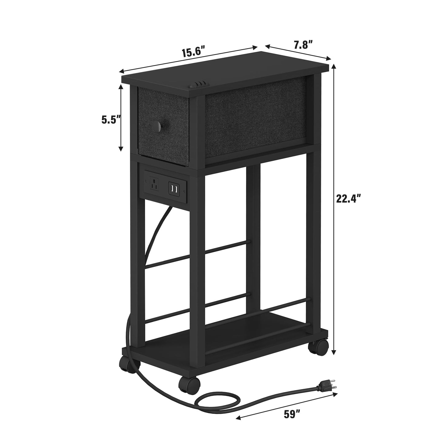 DGSANDGO Narrow Side Table (1PC) - Black End Table with Overload Protection, Charging Station Drawer & 4 Wheels, Mobile Storage Nightstand for Bedroom Studio Apartment (1 AC + 2 USB Ports)