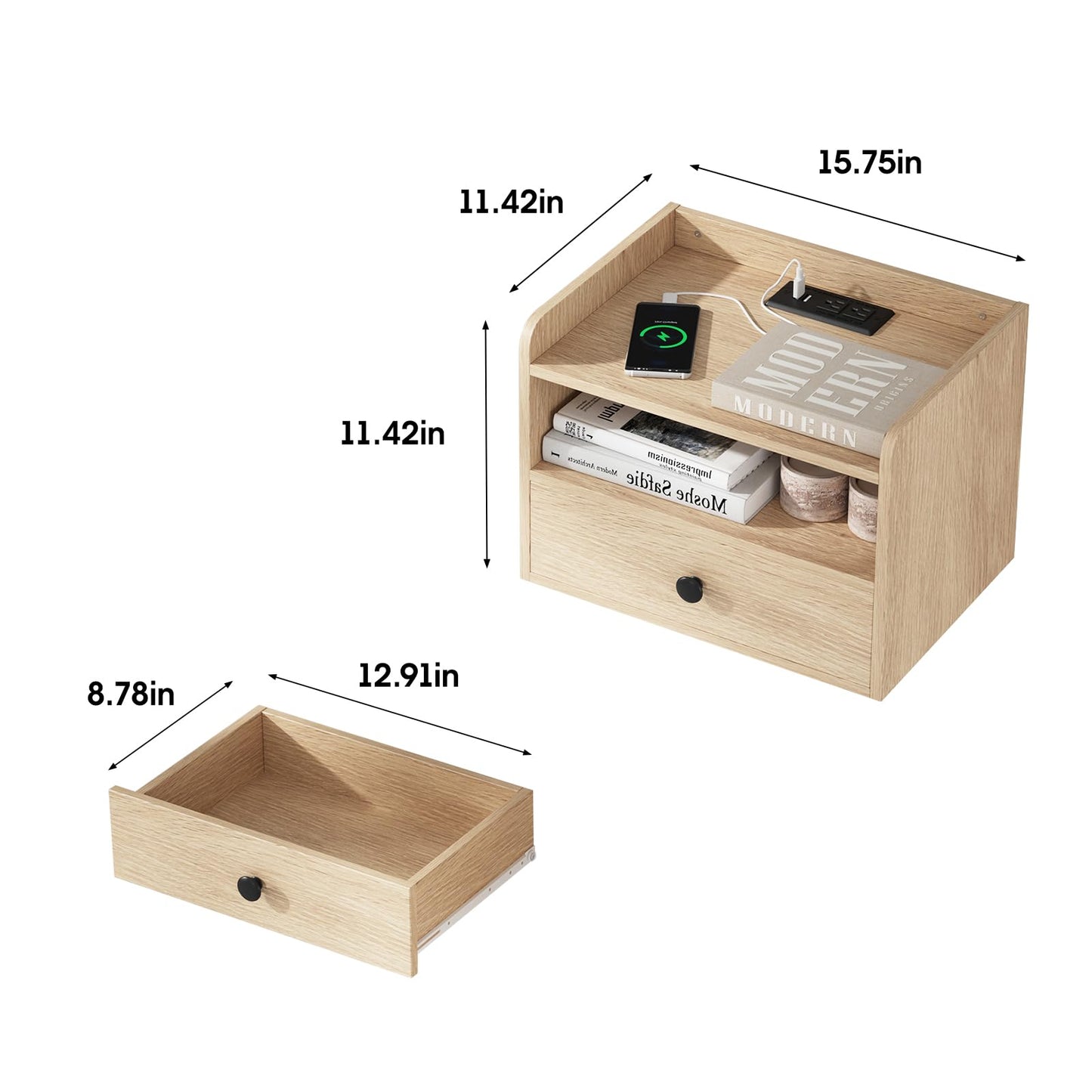 Floating Nightstand Set of 2 Modern Night Stands with Drawer and Open Shelf Cubby Small Bedside End Table with Charging Station Wall Mounted Nightstands Set 2 for Bedroom Natural