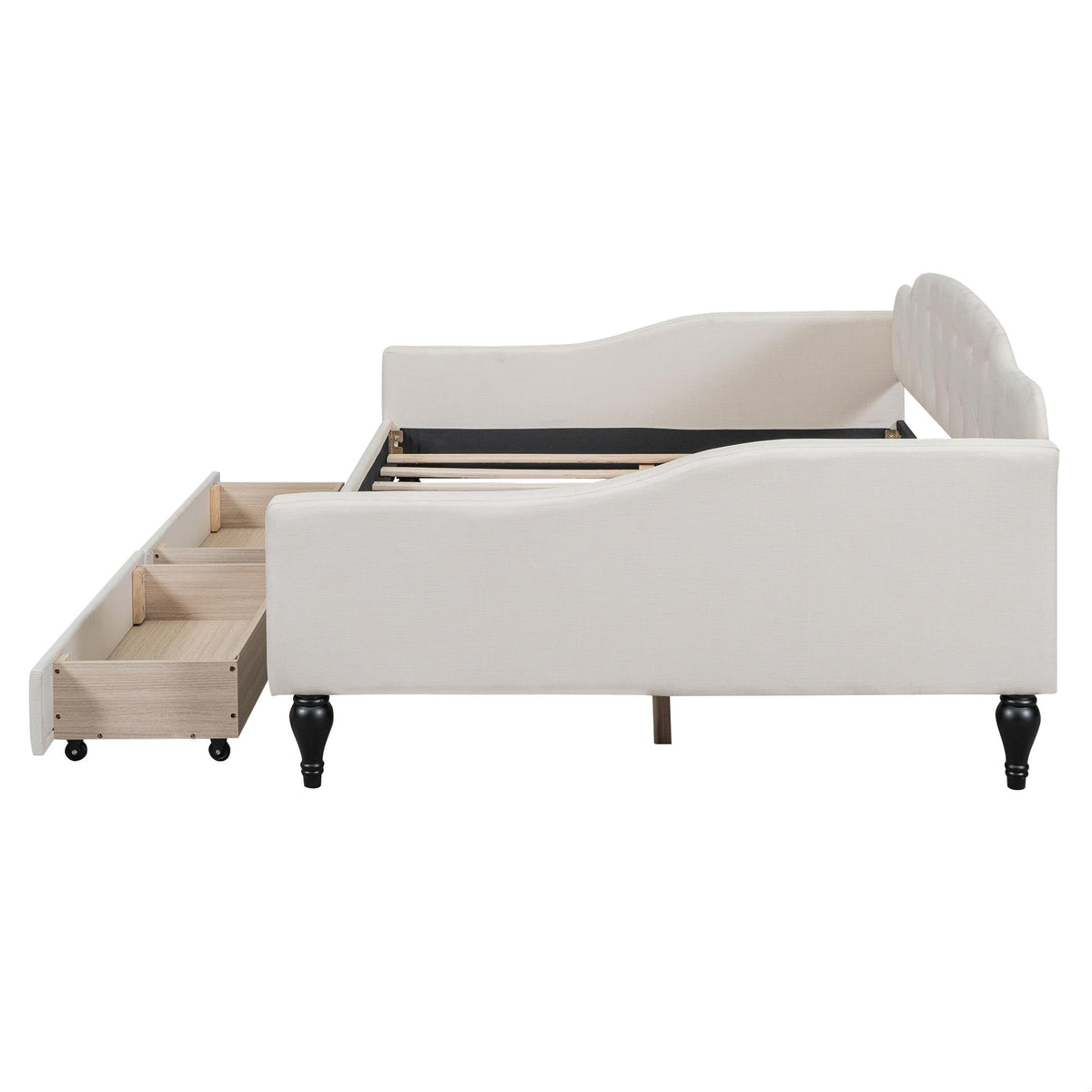 GDFStudio Full Size Upholstered Tufted Daybed with Two Storage Drawers – Linen Fabric, Solid Wood Frame, Space-Saving Design, Beige