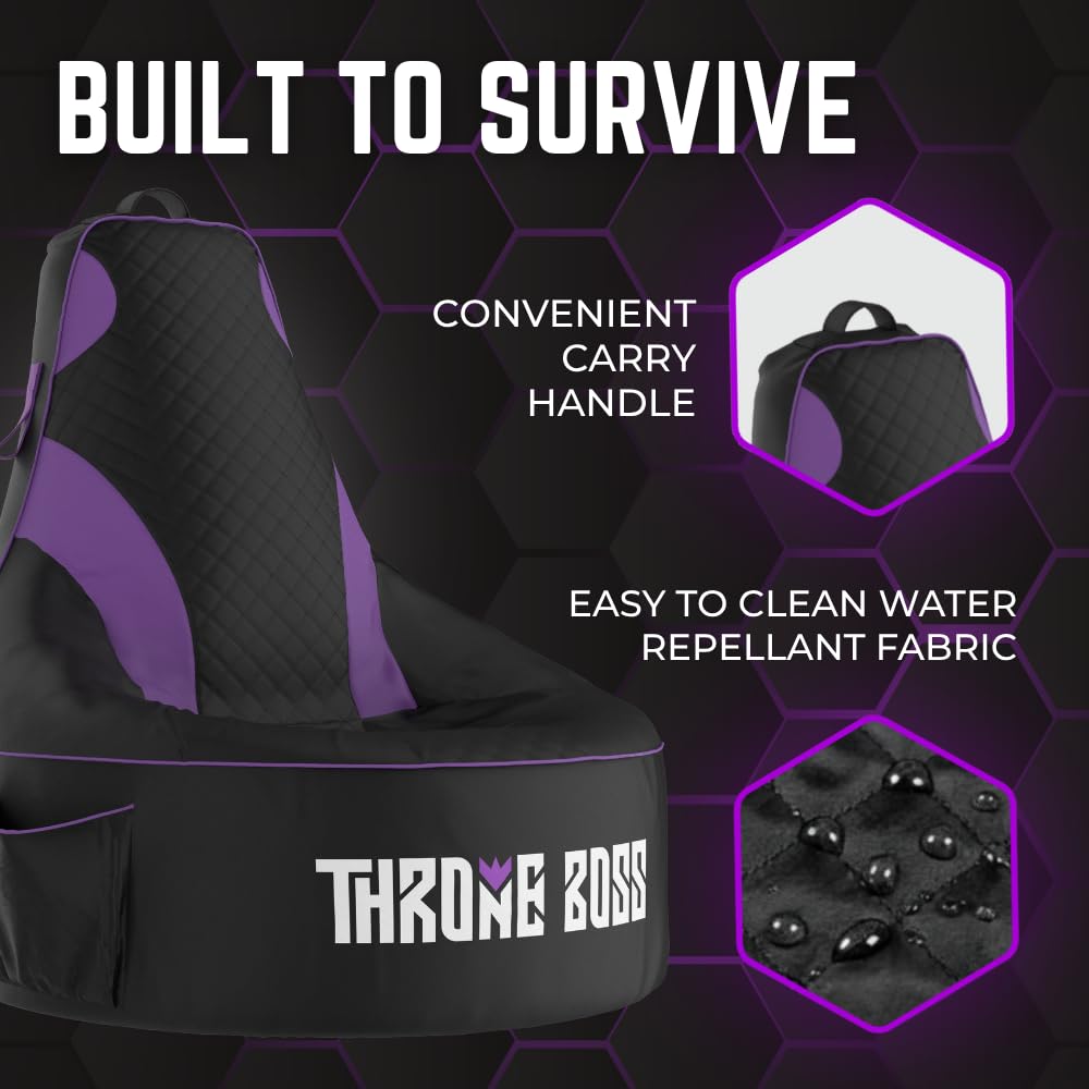 Throne Boss Gaming Bean Bag Chair Cover for Kids with High Back, Purple –Gamer chair for kids with 2 x Large Side Pockets, Headphone Hanger, Easy to Clean Fabric, requires 200 Liters Polystyrene Beans
