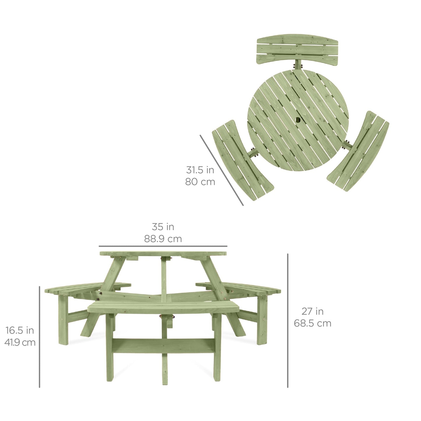 Best Choice Products 6-Person Circular Outdoor Wooden Picnic Table for Patio, Backyard, Garden, DIY w/ 3 Built-in Benches, 500lb Capacity - Sage Green