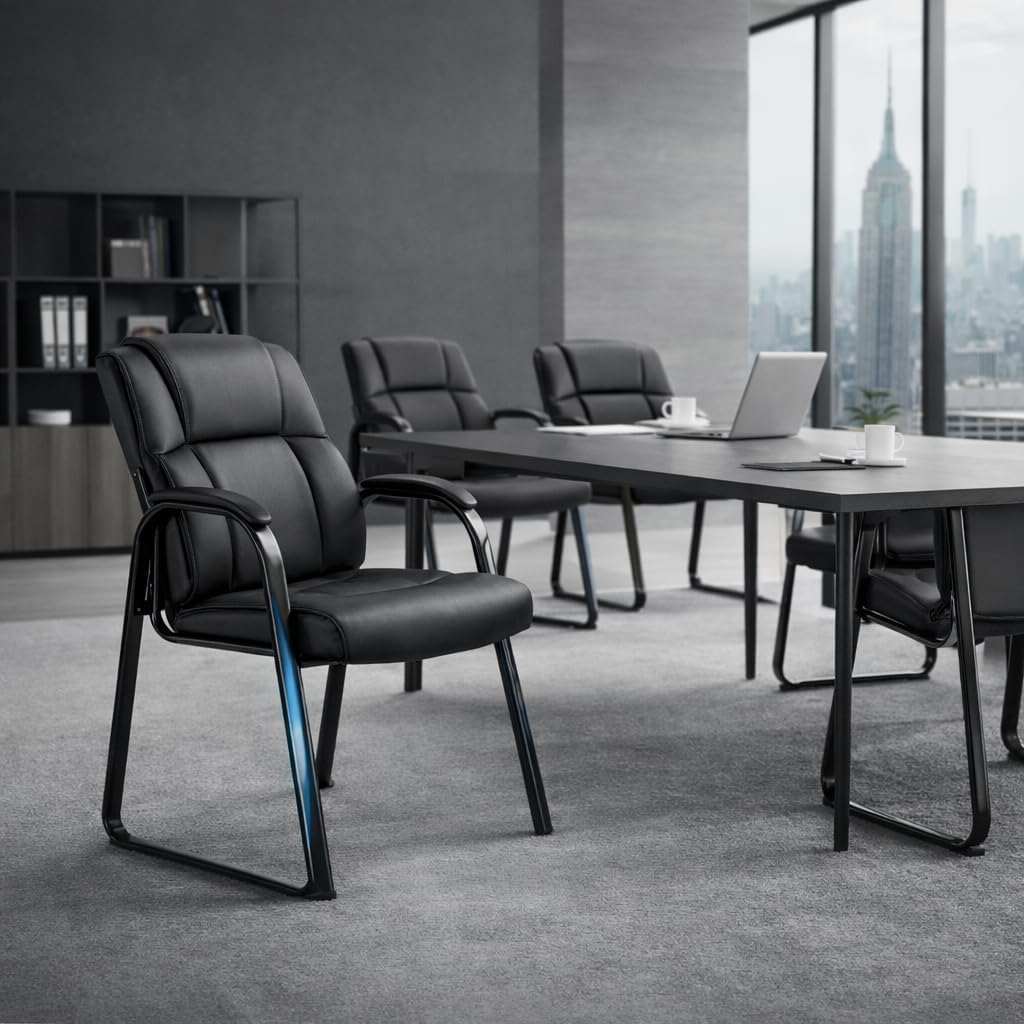 Kindbear PU Leather Waiting Room Chair Set of 4, Office Guest Reception Seating with Padded Arms, Stationary Conference Table Chair for Lobby Clinic Home Desk Bedroom,Black