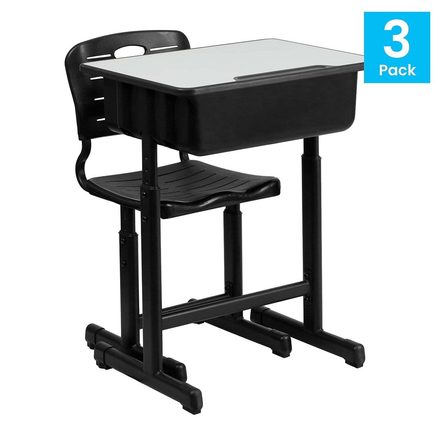 Flash Furniture Nila Set of 3 Adjustable Height Student Desks and Chairs with Black Pedestal Frames