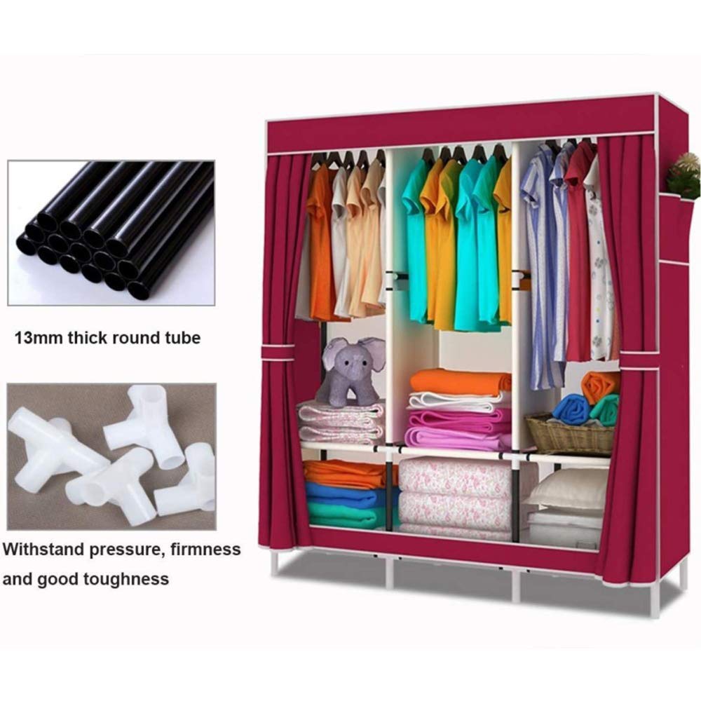 OTHZON Notecanvas Wardrobes Portable Closet Wardrobe with 2 Side Pockets and 3 Clothes Hanger Rods, Easy to Assemble Used in Bedroom, Cloakroom Clothes, Shoes, Toys,D