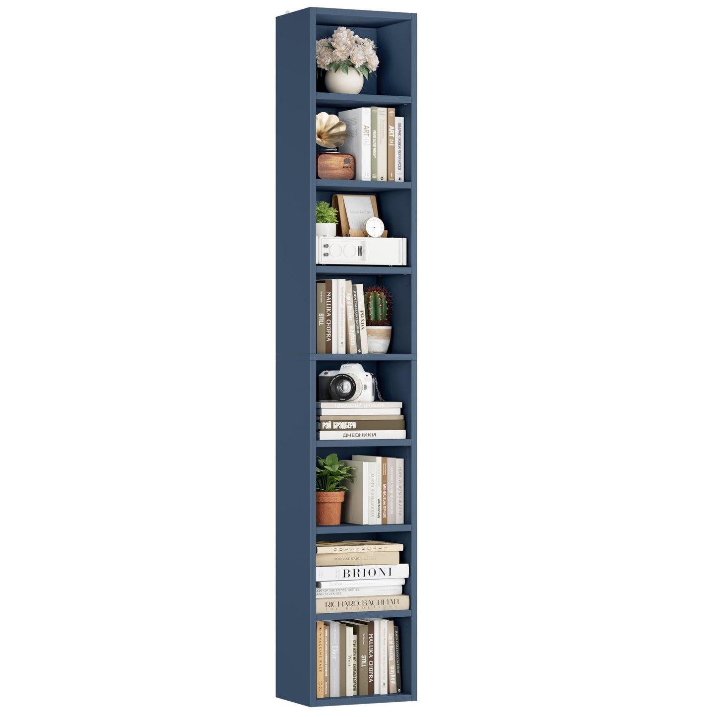 FOTOSOK 8-Tier Media Tower Rack, 11.6 X 9.3 X 70.9 Inches CD DVD Slim Storage Cabinet with Adjustable Shelves, Tall Narrow Bookcase Display Bookshelf for Home Office, Blue