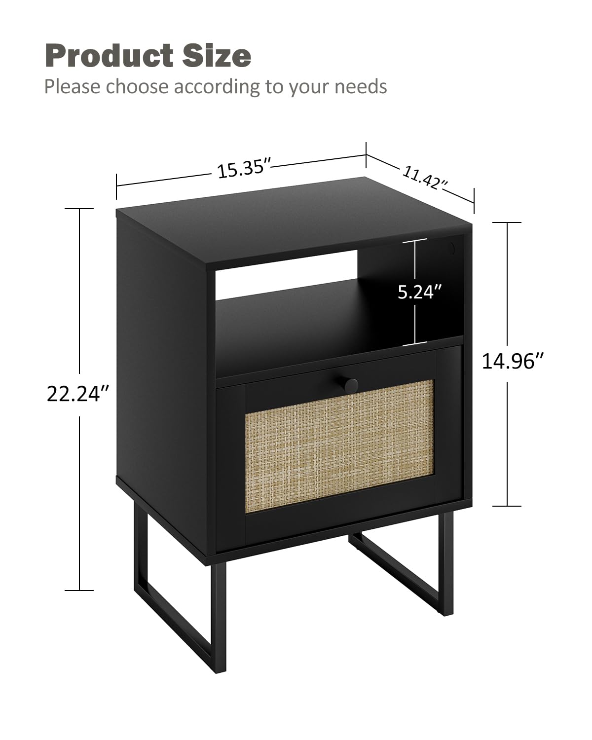 Apetaccat Rattan Nightstand, Boho Night Stand Farmhouse Wood Bedside Table with Storage and Open Shelf, End Side Accent Table for Bedroom,Living Room,Black