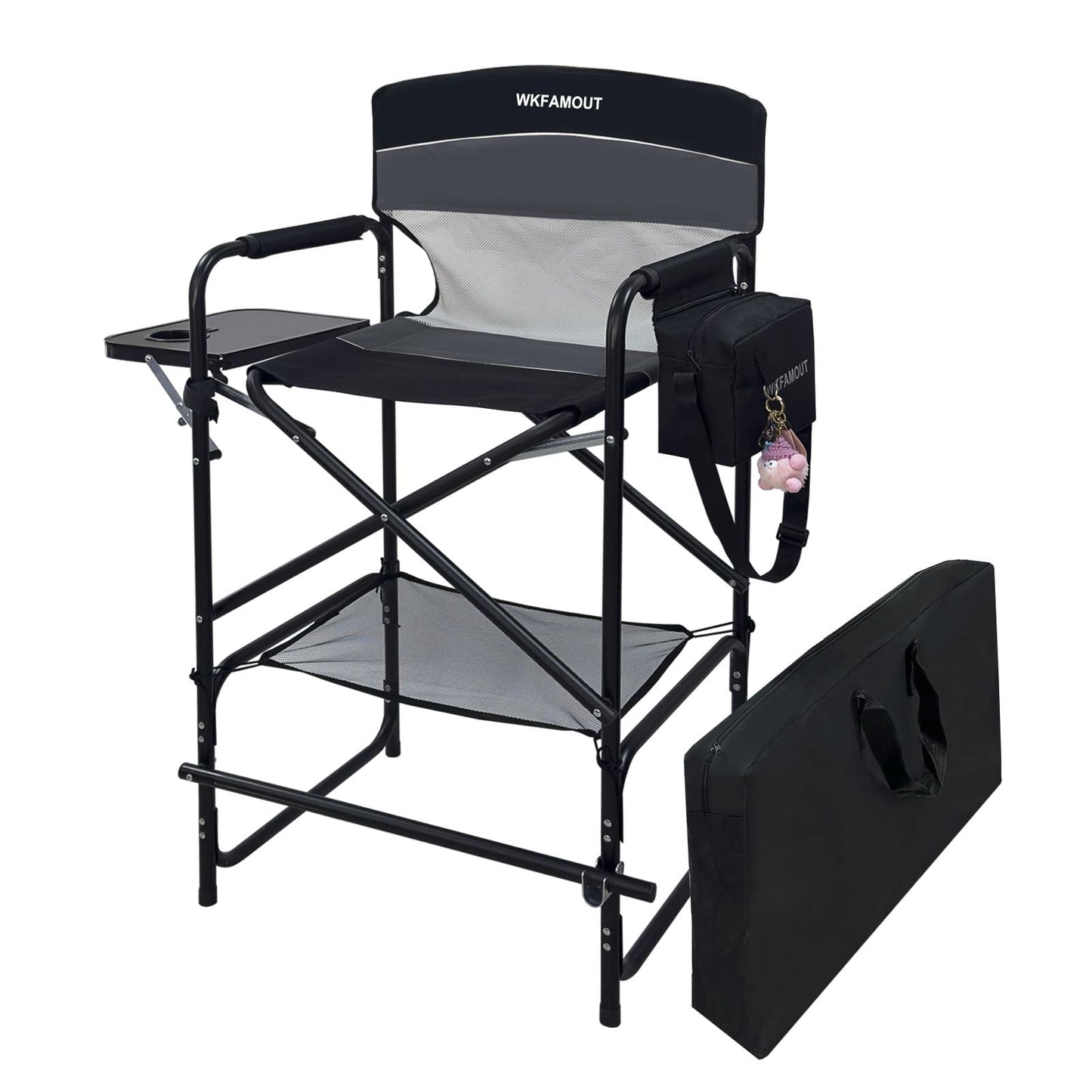 WKFAMOUT Tall Folding Director Chair 30.7" Seat Height Foldable Bar Stool for Makeup Artist Face Painting with Side Table Carry Bag and Cosmetic Bag Supports 250LBS