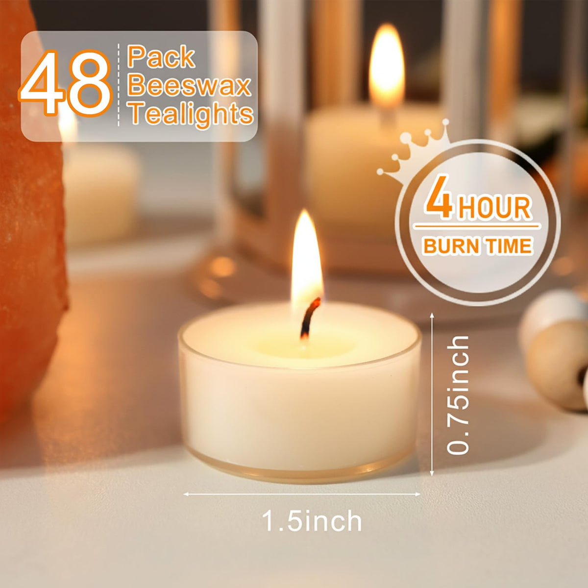 48 Pcs Natural Beeswax Tealight Candles White, Pure Beeswax Tea Candles in Clear Cup, Organic Ivory Small Tea Light Candles with 4 Hours Clean Burn Time, Soy, Paraffin, & Fragrance Free