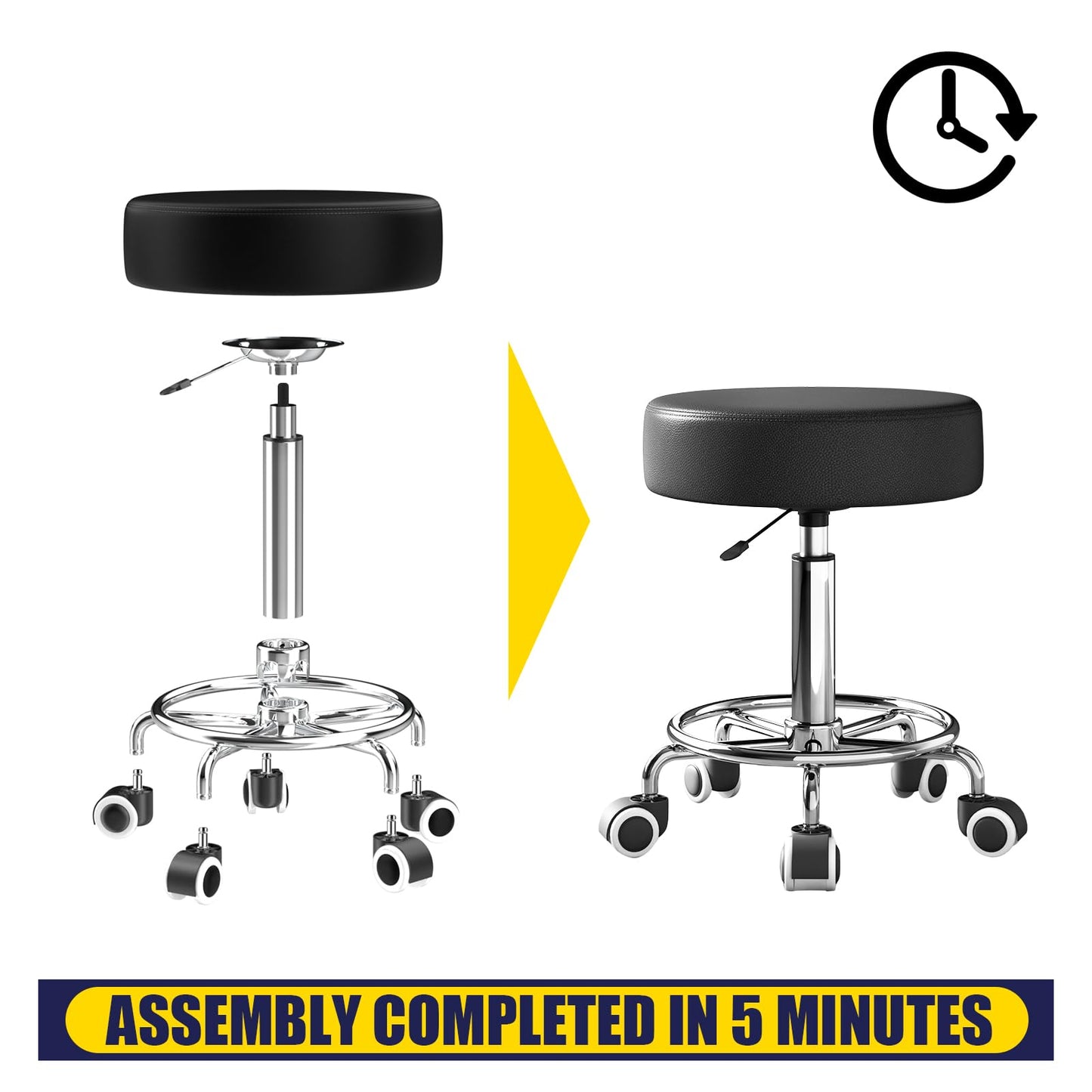 Rolling Stool, Heavy Weight Capacity 250lb, PU Leather Rolling stools, Ultra Soft Padded Seat, Rolling Stools with Wheels and Footrest, 360° Swivel, Spa Drawing Salon Work Office Tattoo Stool (black)