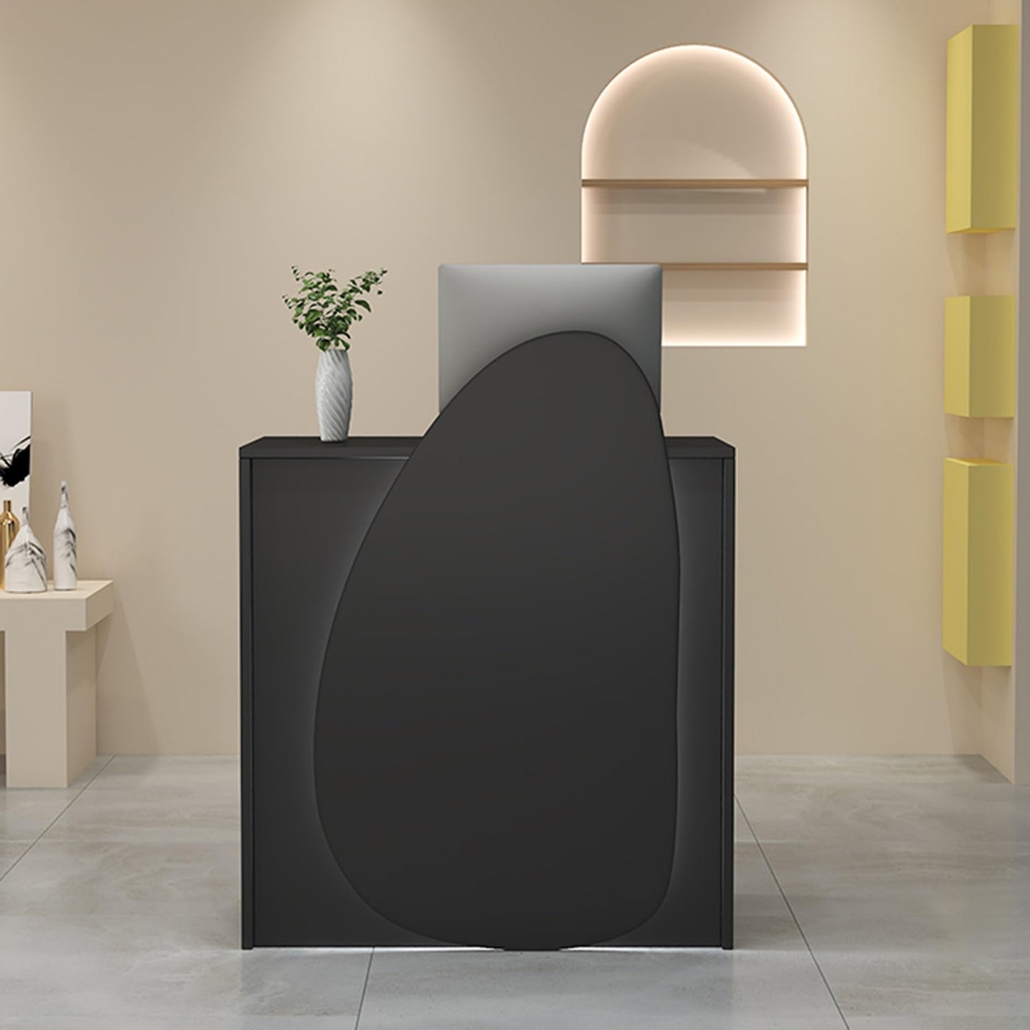 Modern Reception Desk with Lockable Drawers & Storage Cupboard, Wooden Checkout Counter Table for Reception, Modern Salon Desk Workstation with LED Light, Office Reception Area Furniture for