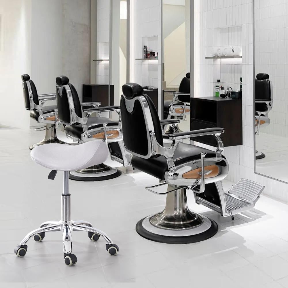 CAISHI Ergonomic Saddle Rolling Stool for Salon Office Bar Tattoo Lash Tech Manicure Kitchen Hygienic Home Eyelash Artist Spa Metal Stool with Wheels Adjustable Seat Chair,White