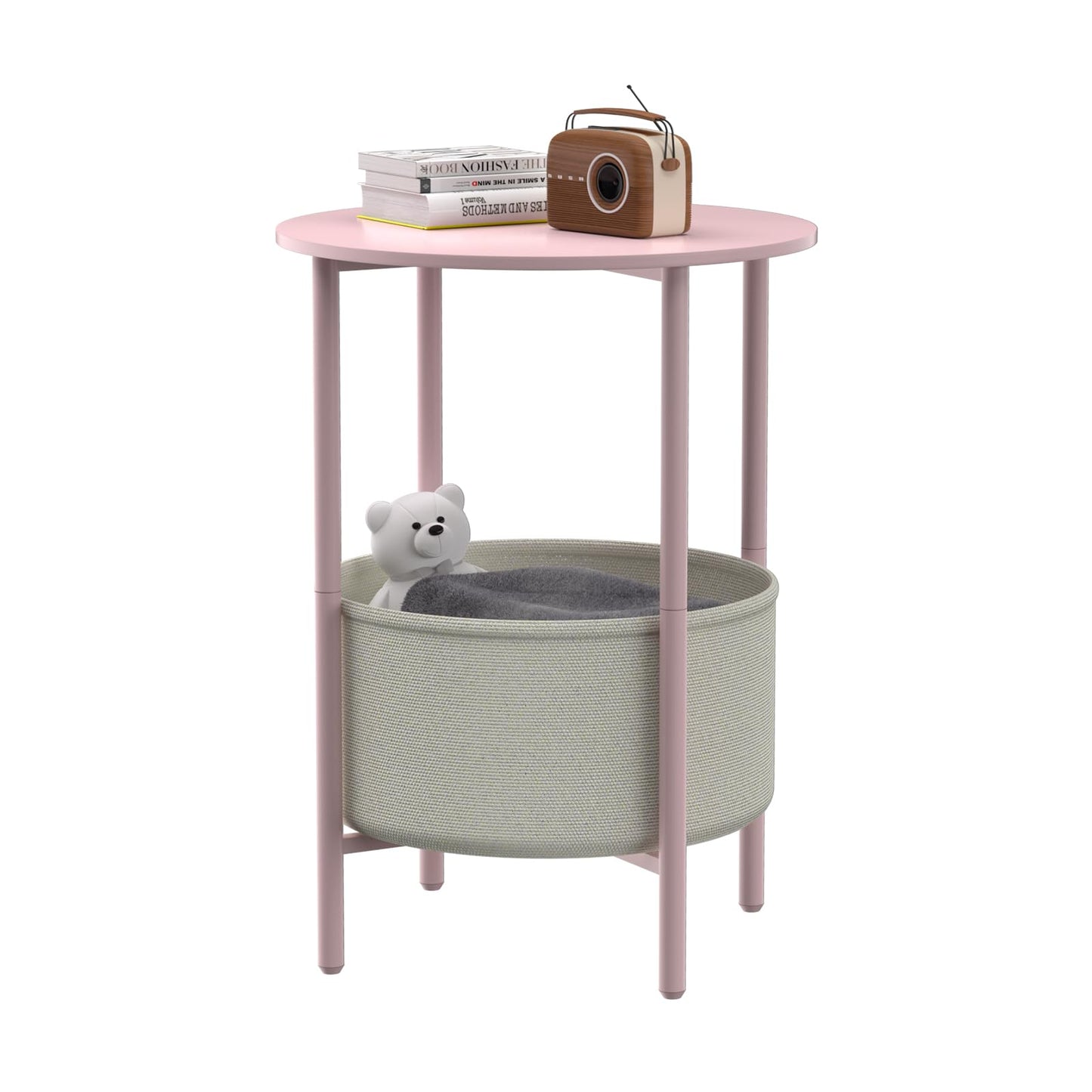 DGSANDGO Round End Table with Fabric Basket, Bedside Table with Storage, Morden Round Nightstand, Samll Side Table for Living Room，Bathroom，Bedroom, Nursery, Laundry, Pink