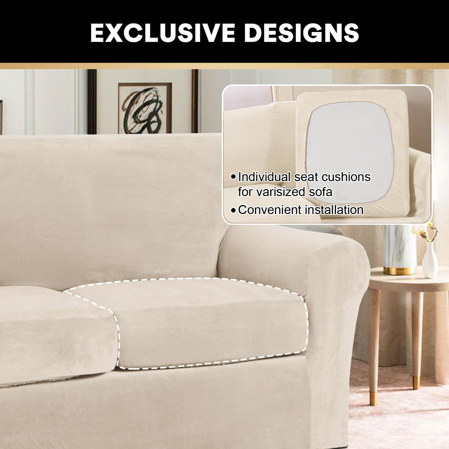 PrinceDeco Velvet Couch Cover Loveseat Covers for 2 Cushion Couch 3 Piece Sofa Covers for Dogs Washable Loveseat Covers Width Up to 72 Inch No Slip Stretch Sofa Slipcover(Medium, Ivory)