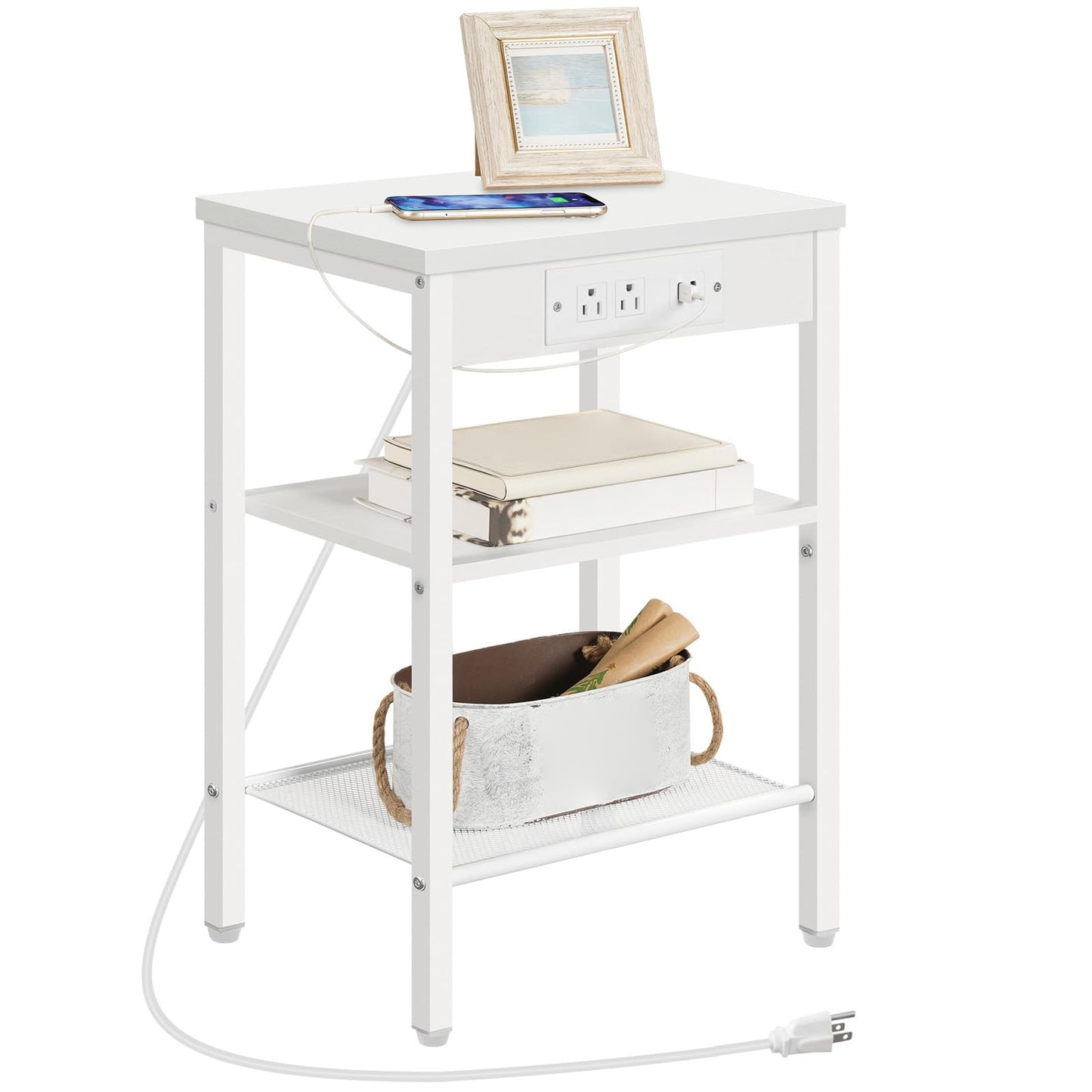 HOOBRO Side Table with Charging Station and USB Port, Small End Table for Small Space, 3-Tier Nightstand with Adjustable Shelf, for Living Room, Bedroom, White WW112BZ01