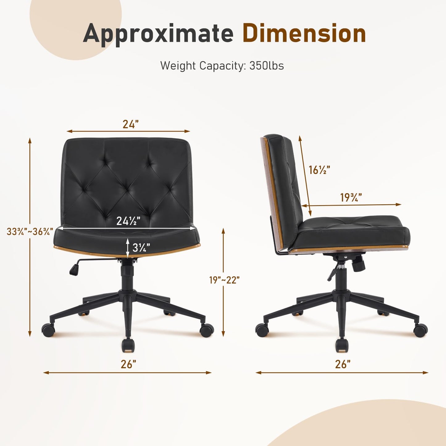 Furnimart Heavy-Duty Curved FSC Wood Desk Chair 360° Swivel, Faux Leather Criss Cross Chair with Wheels Wide Seat, Comfy Armless Cross Legged Sitting for Bedroom, Office, Vanity (PU Black)