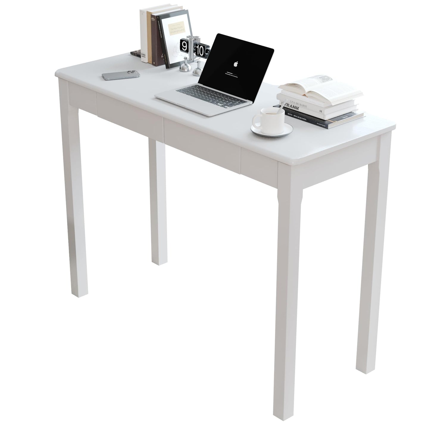 Love-KNPTUS Solid Wood Desk with Drawers - 39" Narrow Desks for Small Spaces, Mid Century Modern Desks, Small Wooden Vintage Computer Writing Desk, Study Table for Home Office Bedroom, White